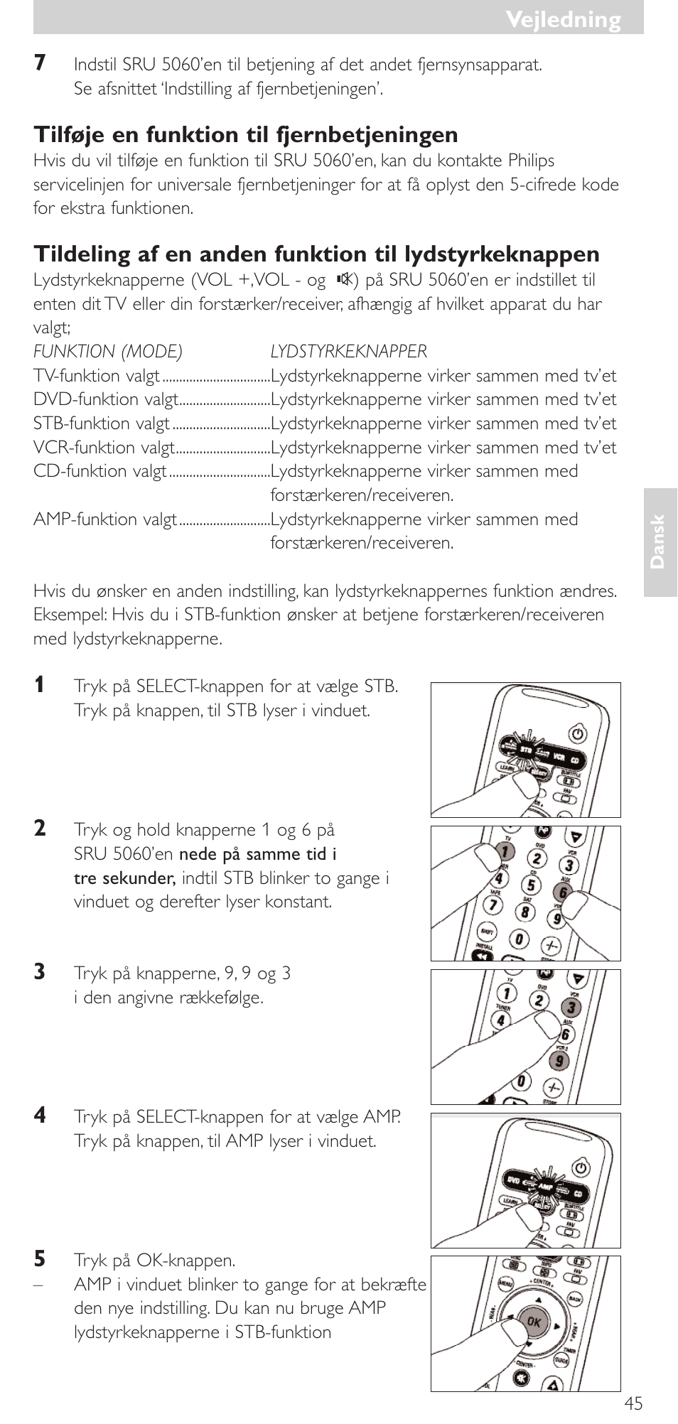 Tilføje en funktion til fjernbetjeningen, Vejledning | Philips SRU 5086 User Manual | Page 45 / 104