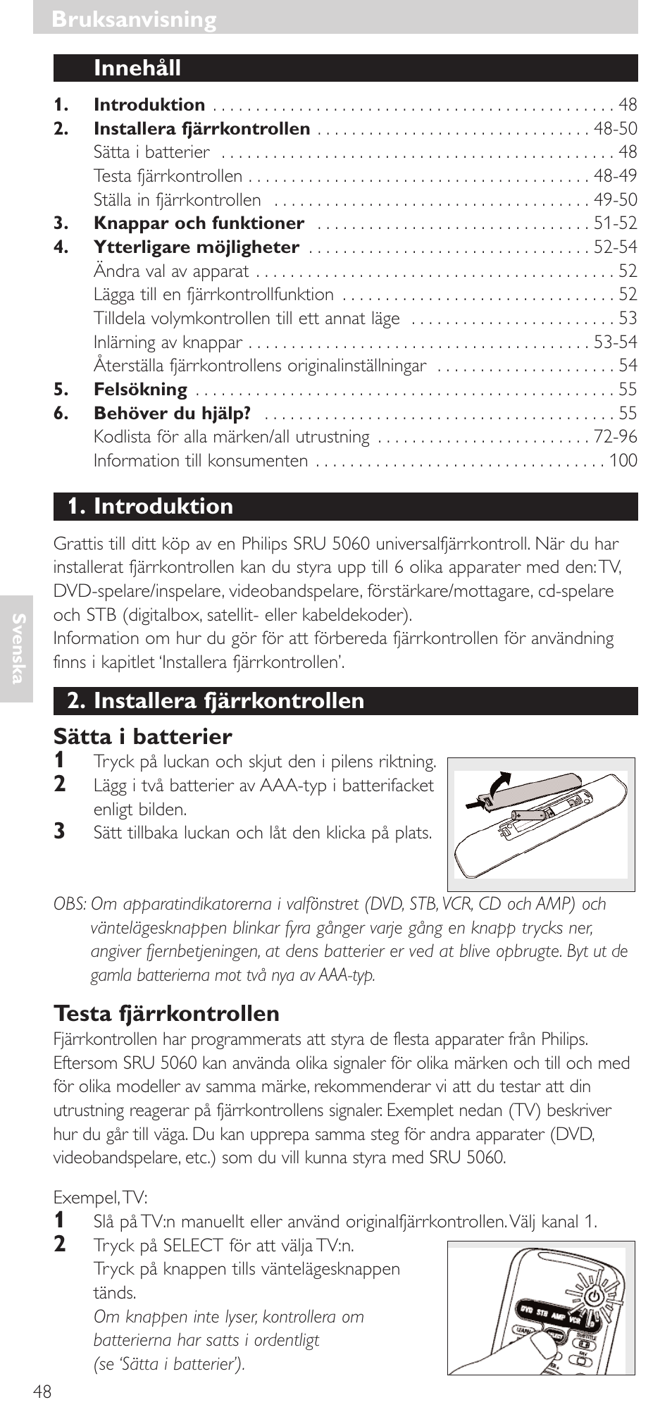 Bruksanvisning, Innehåll, Introduktion | Installera fjärrkontrollen sätta i batterier 1, Testa fjärrkontrollen | Philips SRU 5086 User Manual | Page 48 / 104