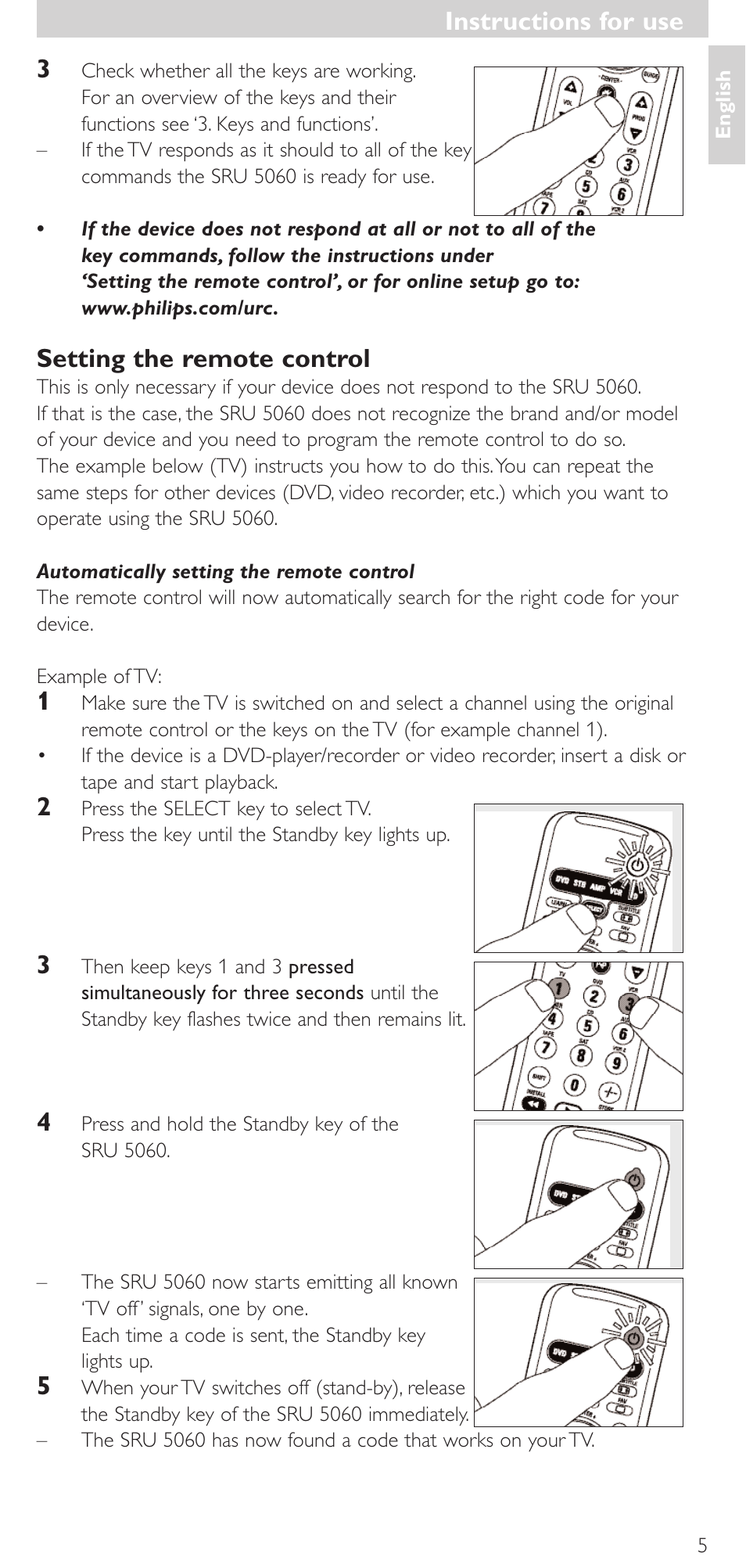 Instructions for use, Setting the remote control | Philips SRU 5086 User Manual | Page 5 / 104