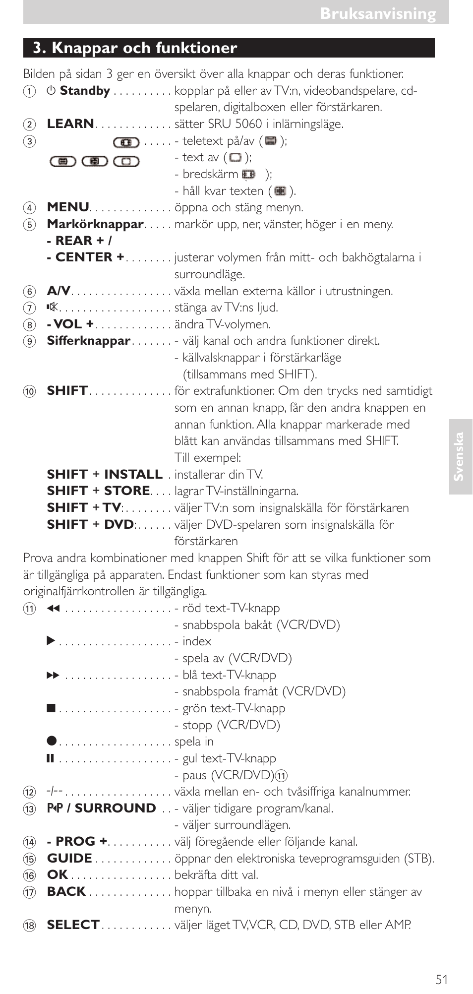 Knappar och funktioner, Bruksanvisning | Philips SRU 5086 User Manual | Page 51 / 104