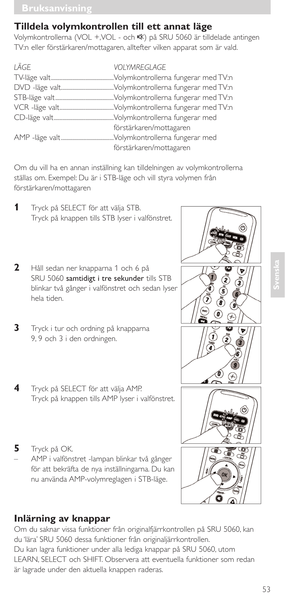 Tilldela volymkontrollen till ett annat läge, Inlärning av knappar, Bruksanvisning | Philips SRU 5086 User Manual | Page 53 / 104