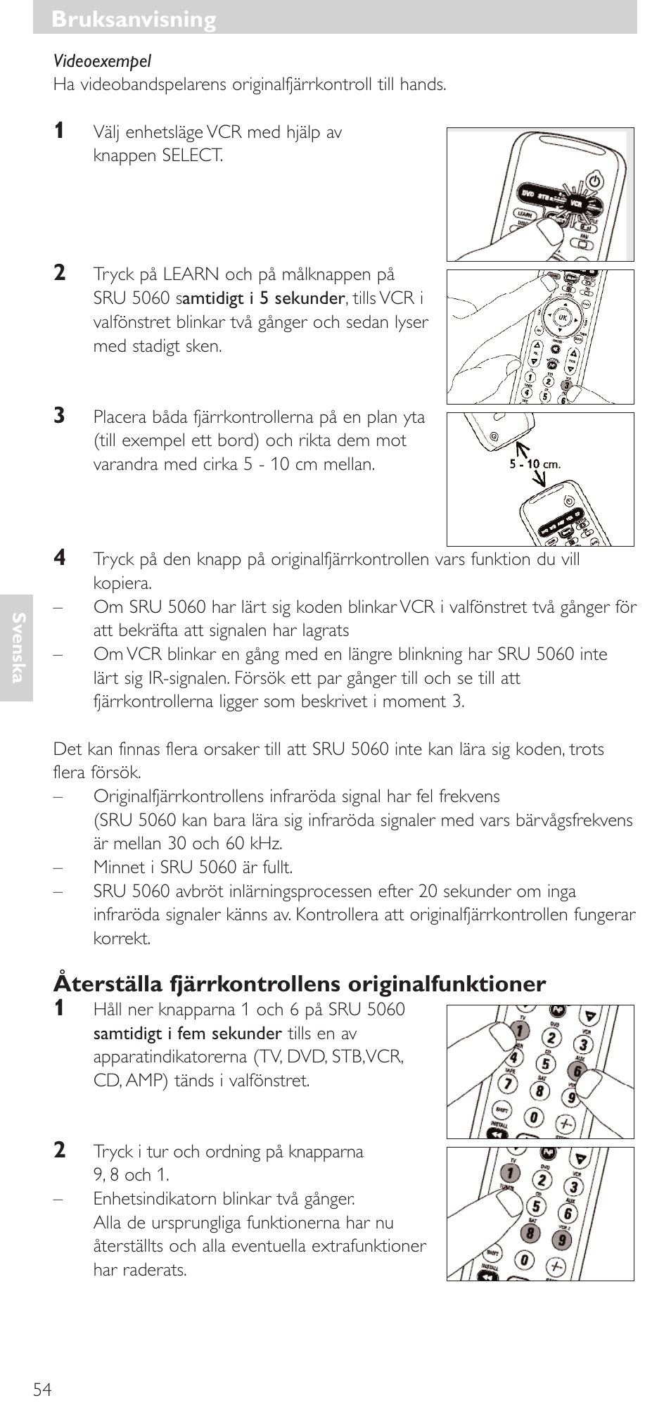 Återställa fjärrkontrollens originalfunktioner 1, Bruksanvisning | Philips SRU 5086 User Manual | Page 54 / 104