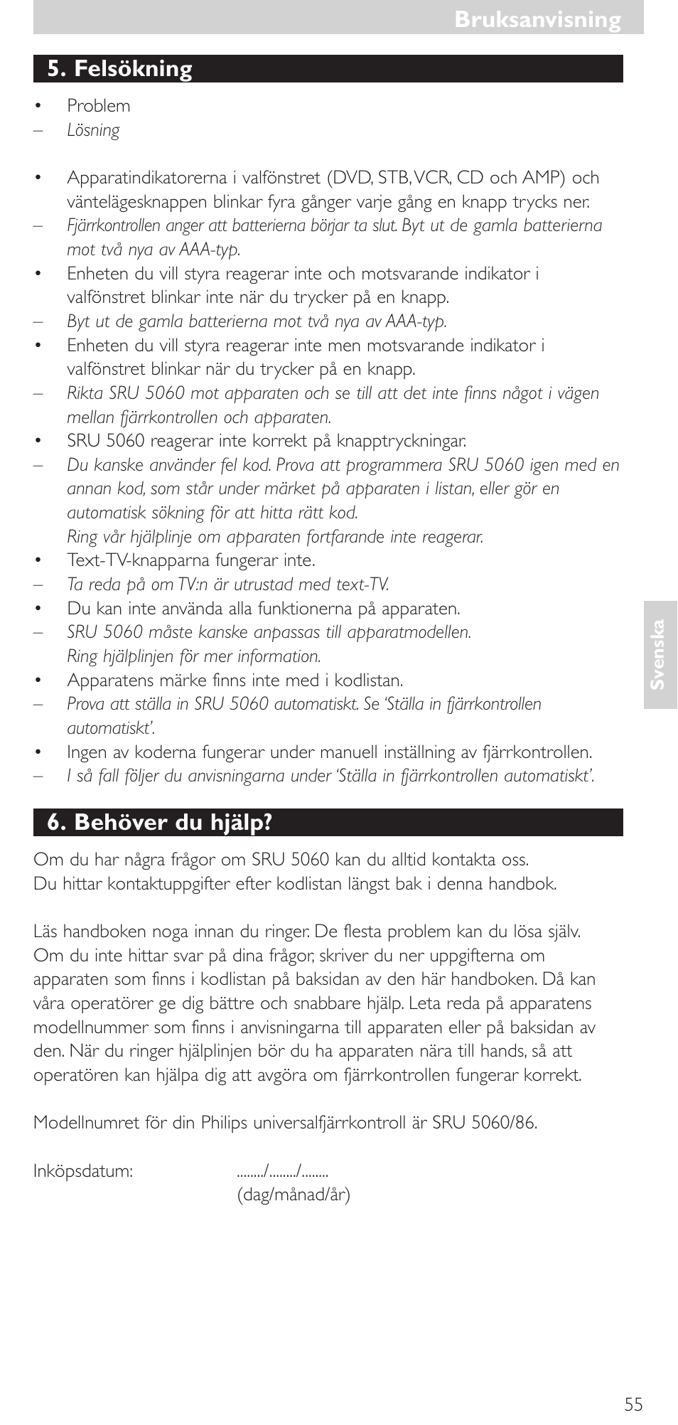 Felsökning, Behöver du hjälp, Bruksanvisning | Philips SRU 5086 User Manual | Page 55 / 104