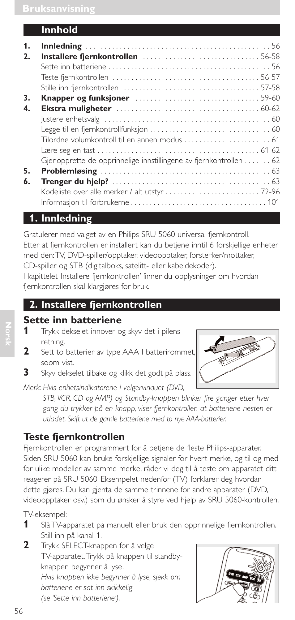 Bruksanvisning, Innhold, Innledning | Installere fjernkontrollen sette inn batteriene 1, Teste fjernkontrollen | Philips SRU 5086 User Manual | Page 56 / 104