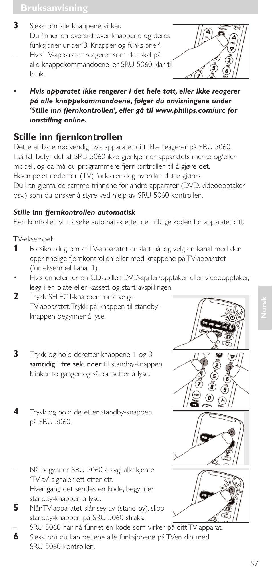 Bruksanvisning, Bruksanvisning 3, Stille inn fjernkontrollen | Philips SRU 5086 User Manual | Page 57 / 104