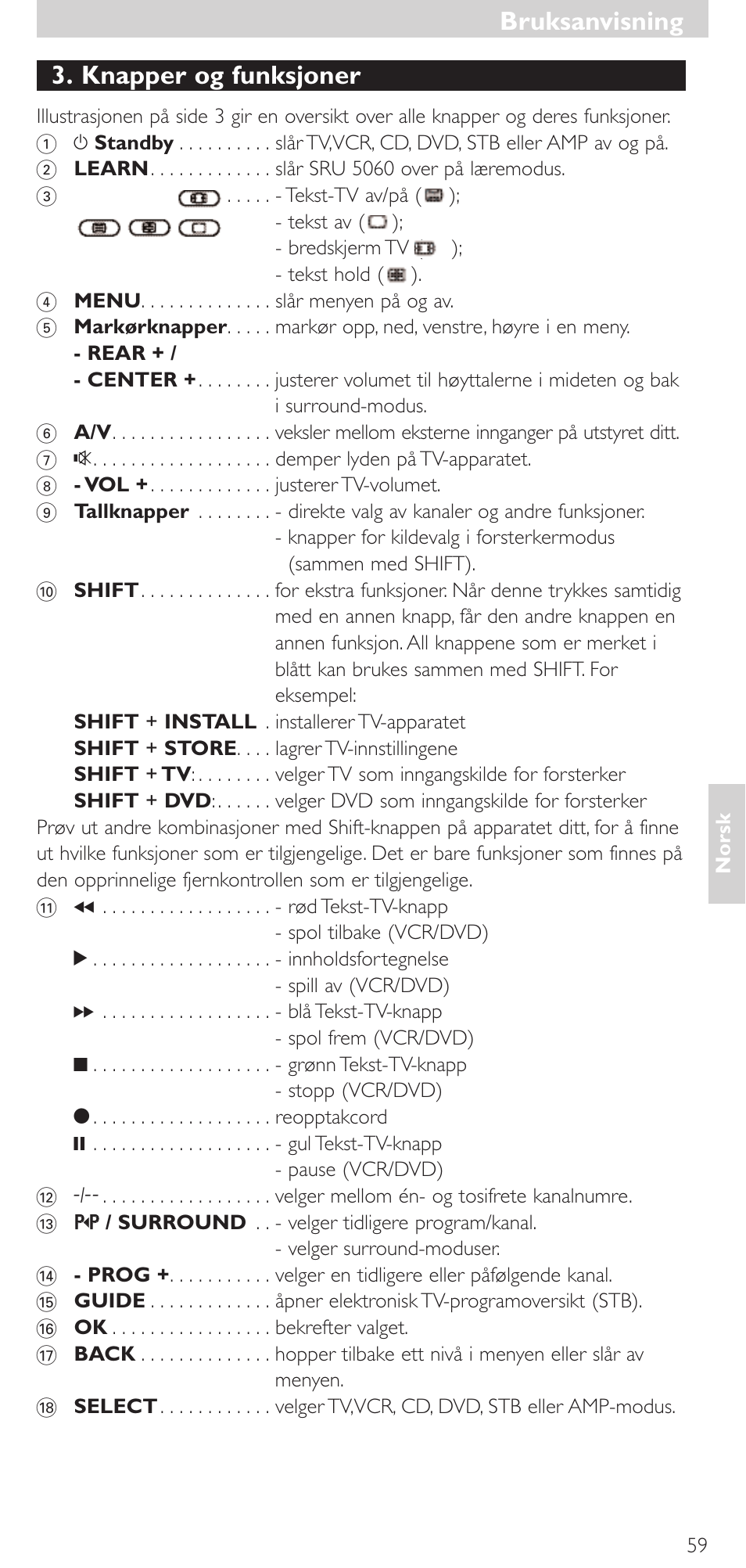 Knapper og funksjoner, Bruksanvisning | Philips SRU 5086 User Manual | Page 59 / 104