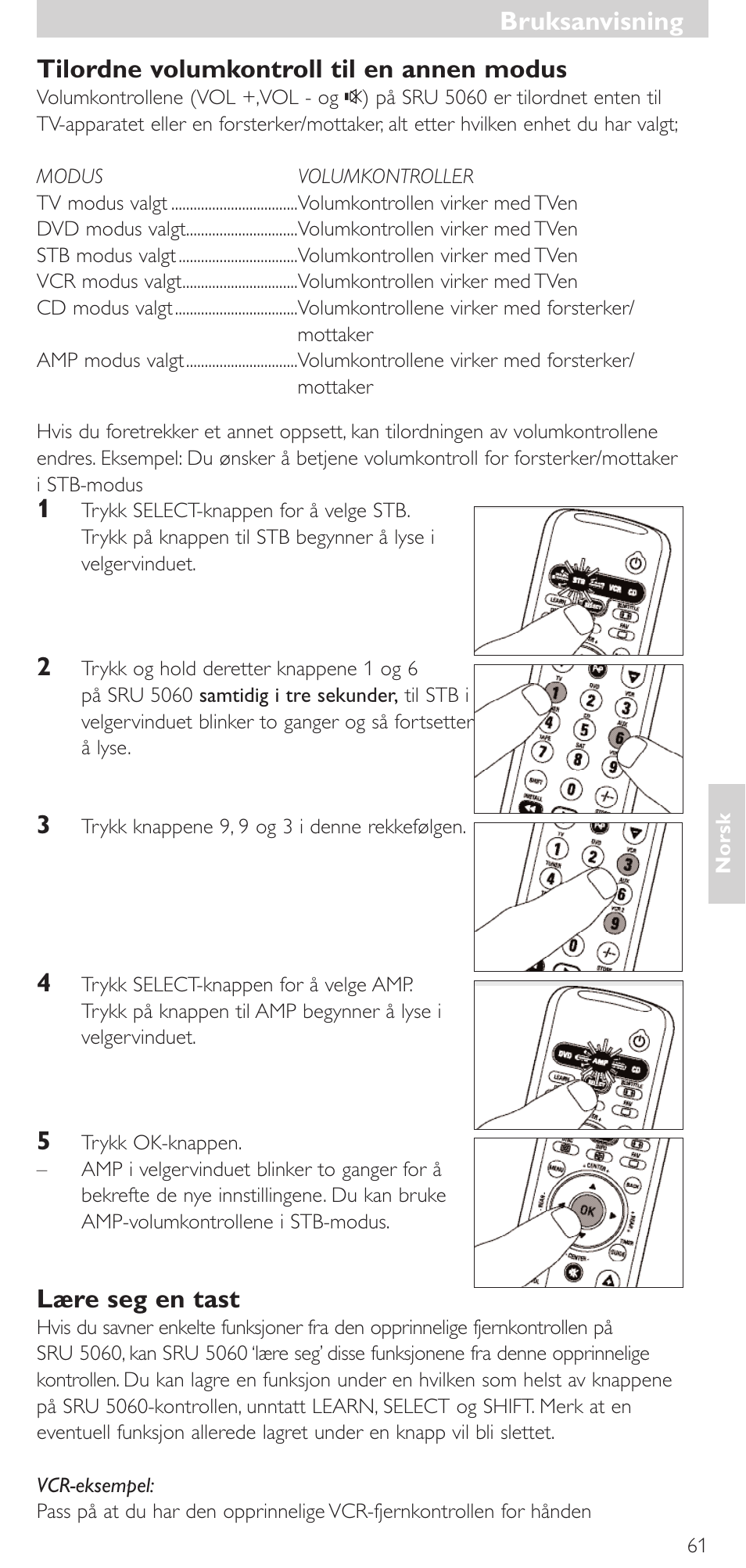 Tilordne volumkontroll til en annen modus, Lære seg en tast, Bruksanvisning | Philips SRU 5086 User Manual | Page 61 / 104