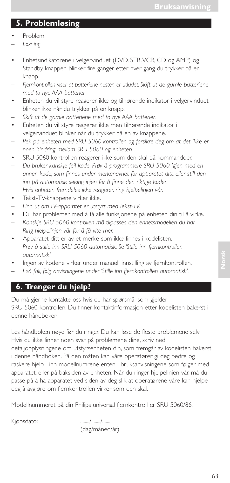 Problemløsing, Trenger du hjelp, Bruksanvisning | Philips SRU 5086 User Manual | Page 63 / 104