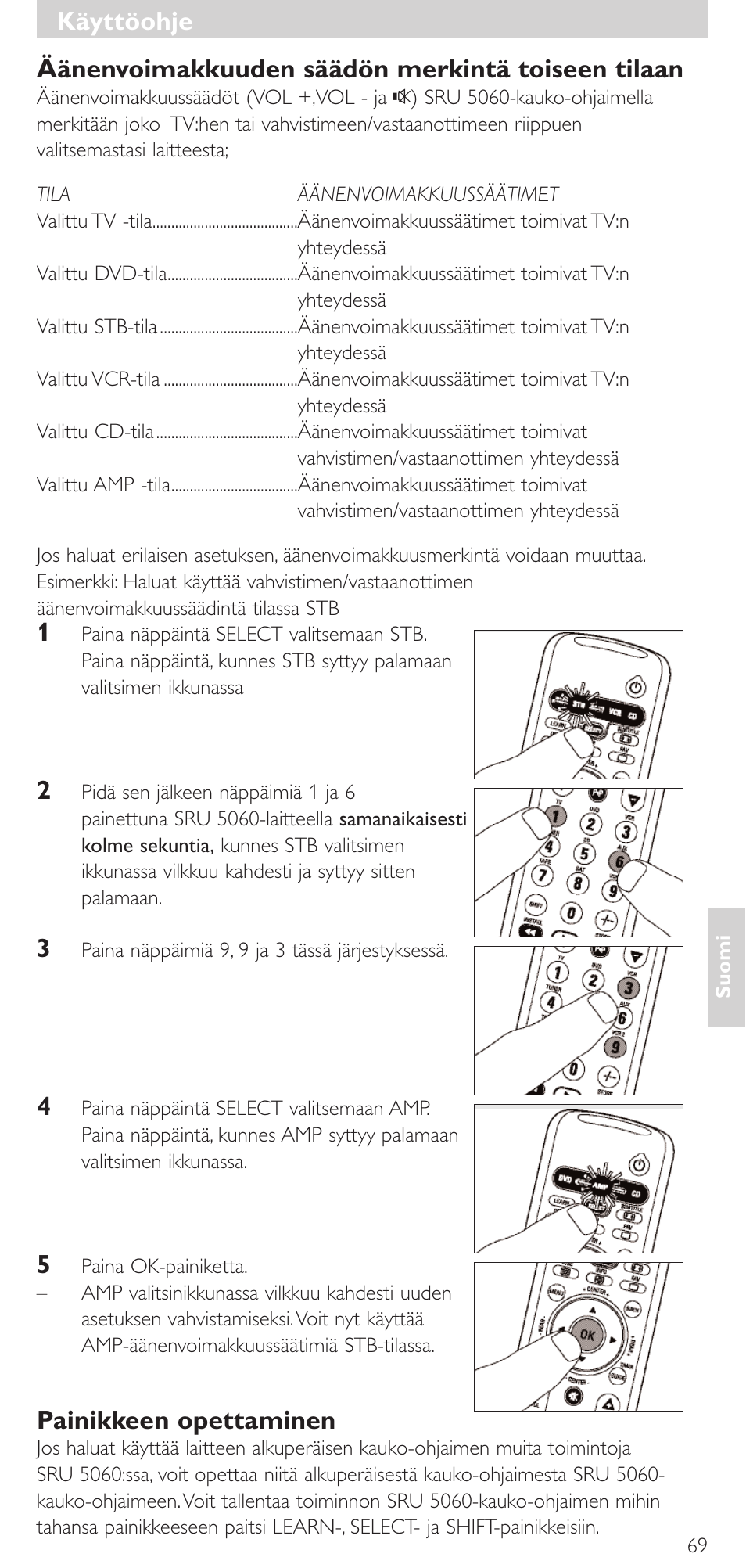 Äänenvoimakkuuden säädön merkintä toiseen tilaan, Painikkeen opettaminen, Käyttöohje | Philips SRU 5086 User Manual | Page 69 / 104