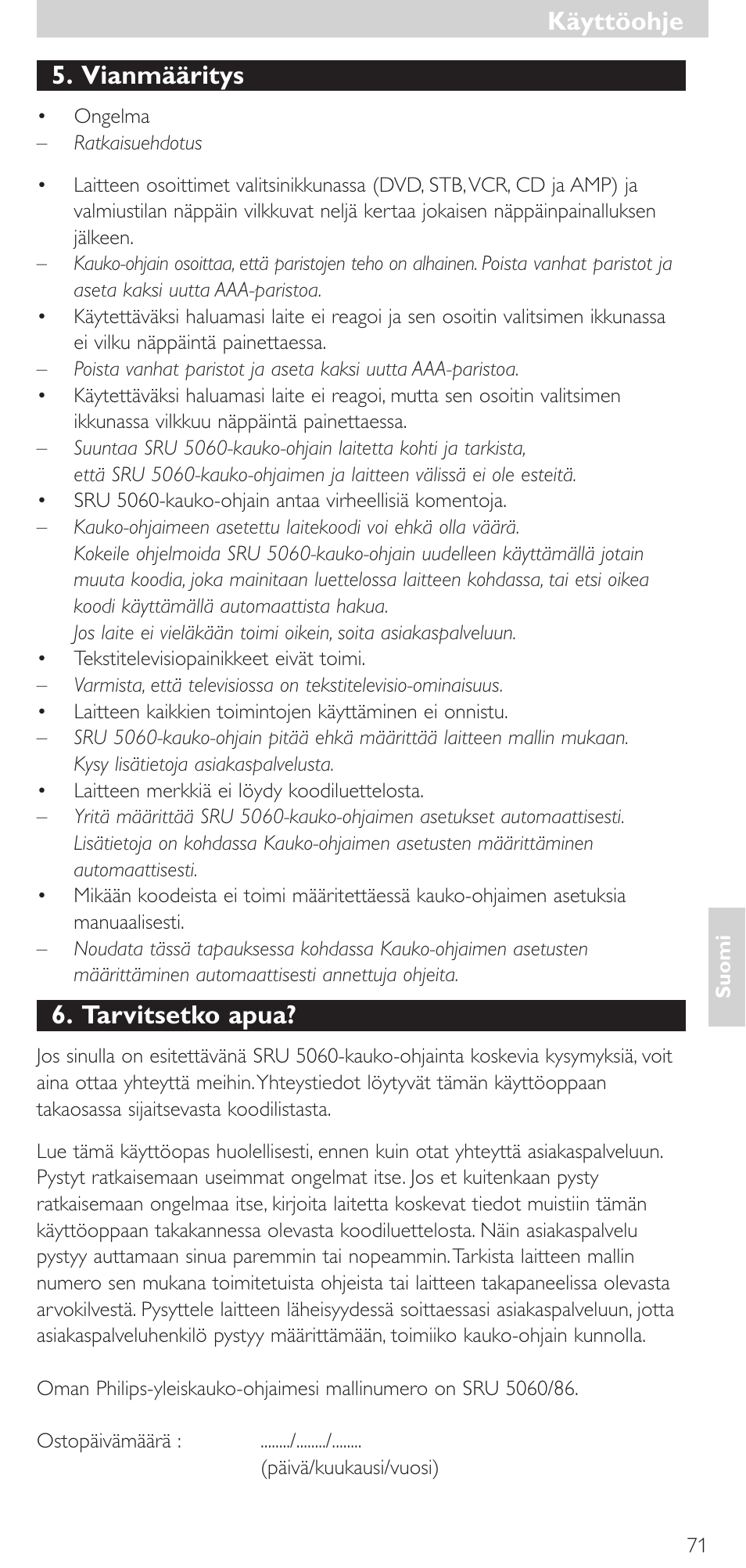 Vianmääritys, Tarvitsetko apua, Käyttöohje | Philips SRU 5086 User Manual | Page 71 / 104