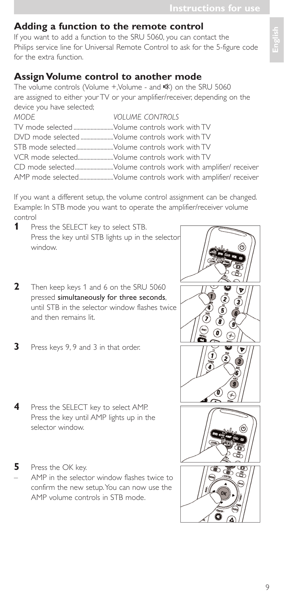 Adding a function to the remote control, Assign volume control to another mode, Instructions for use | Philips SRU 5086 User Manual | Page 9 / 104