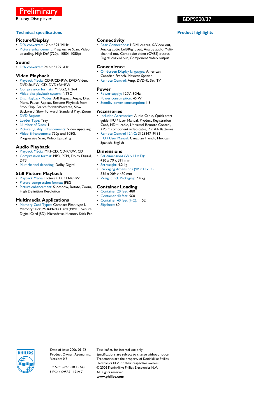 Preliminary, For preview purpose only | Philips BDP9000 User Manual | Page 2 / 2