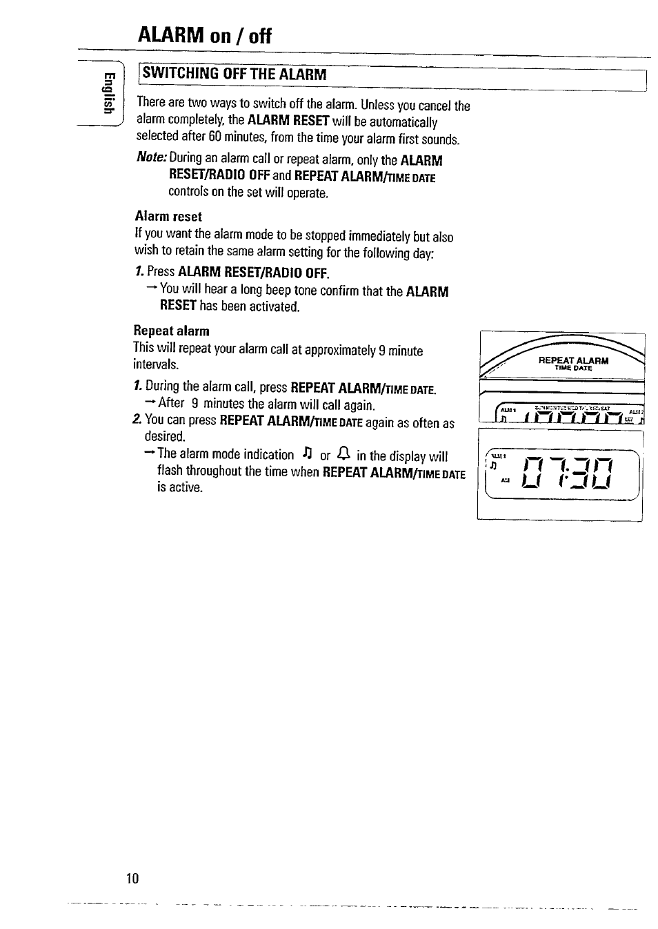 Alarm on/off | Philips AJ3740 User Manual | Page 10 / 14