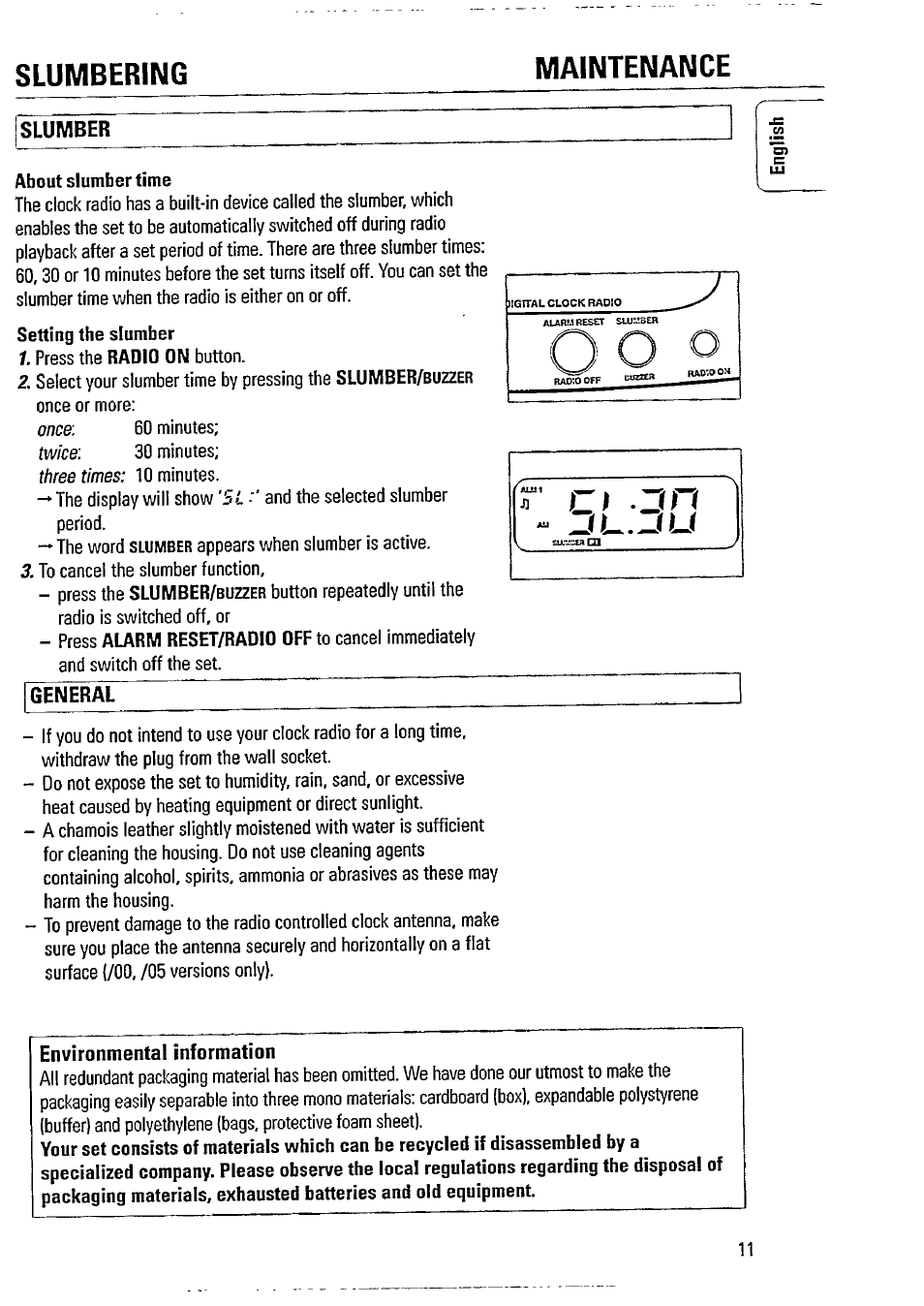 Slumber, General, Environmental information | Slumbering maintenance | Philips AJ3740 User Manual | Page 11 / 14