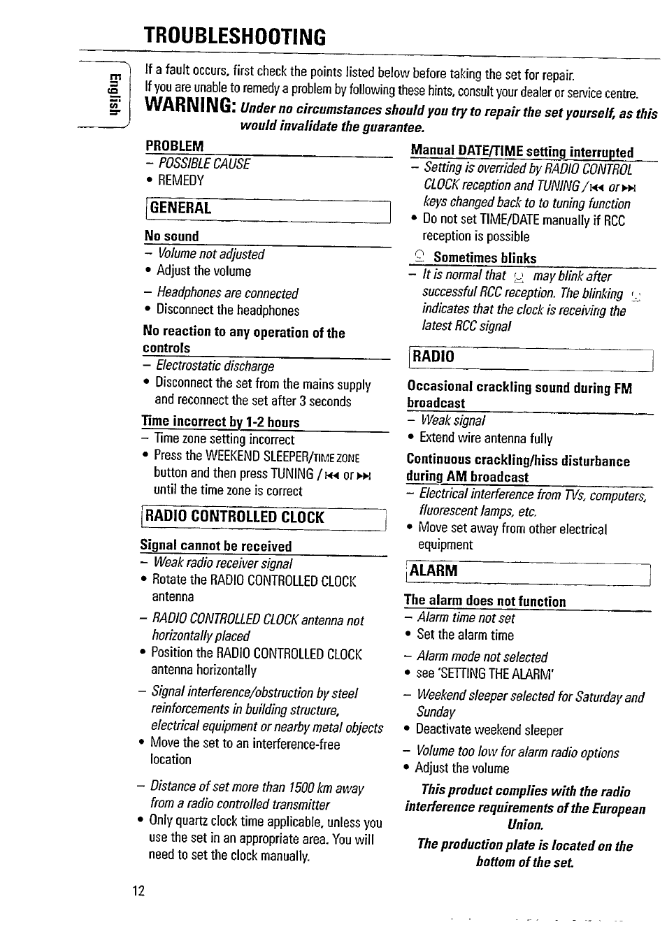 Troubleshooting, Warning | Philips AJ3740 User Manual | Page 12 / 14