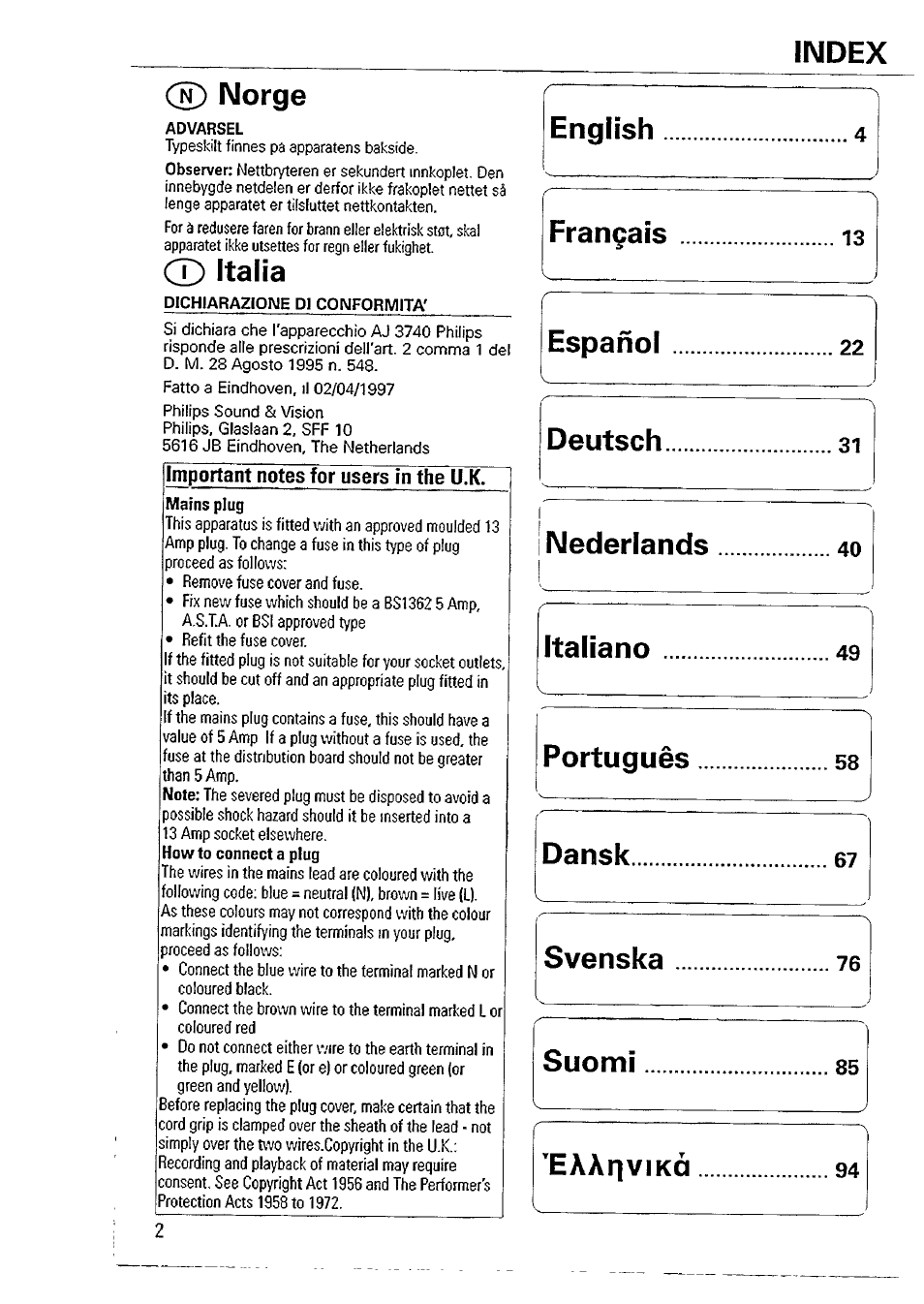 Norge, Italia, Nederlands | Italiano, Portugues dansk, Index | Philips AJ3740 User Manual | Page 2 / 14