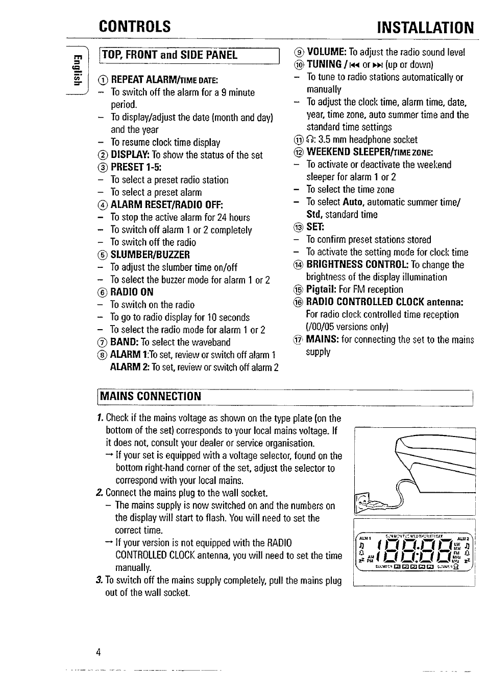 Mains connection, Controls installation | Philips AJ3740 User Manual | Page 4 / 14