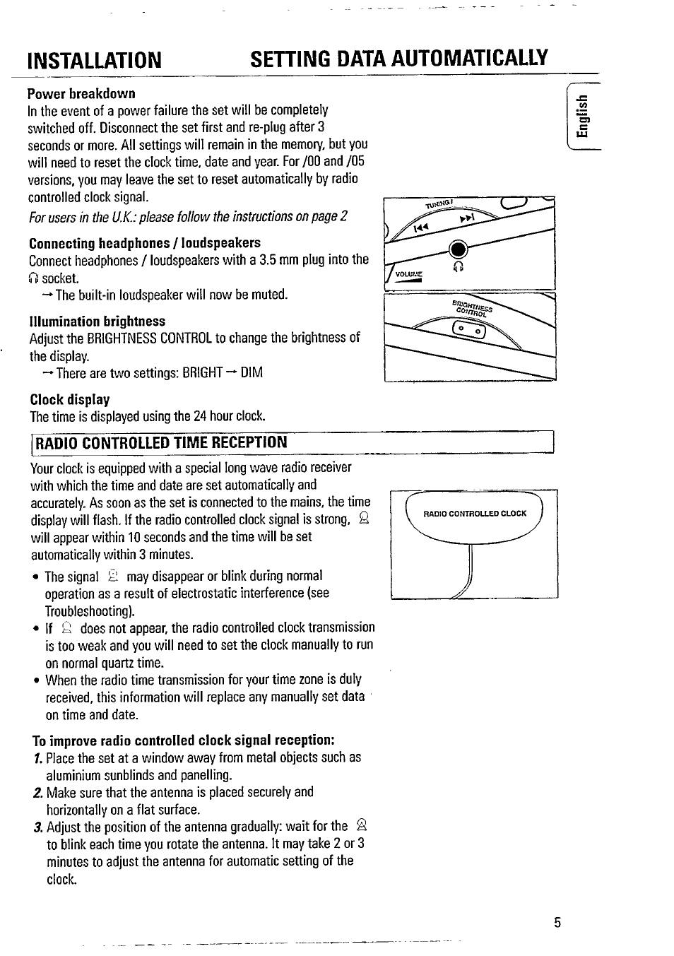 Radio controlled time reception, Installation sehing data automatically | Philips AJ3740 User Manual | Page 5 / 14