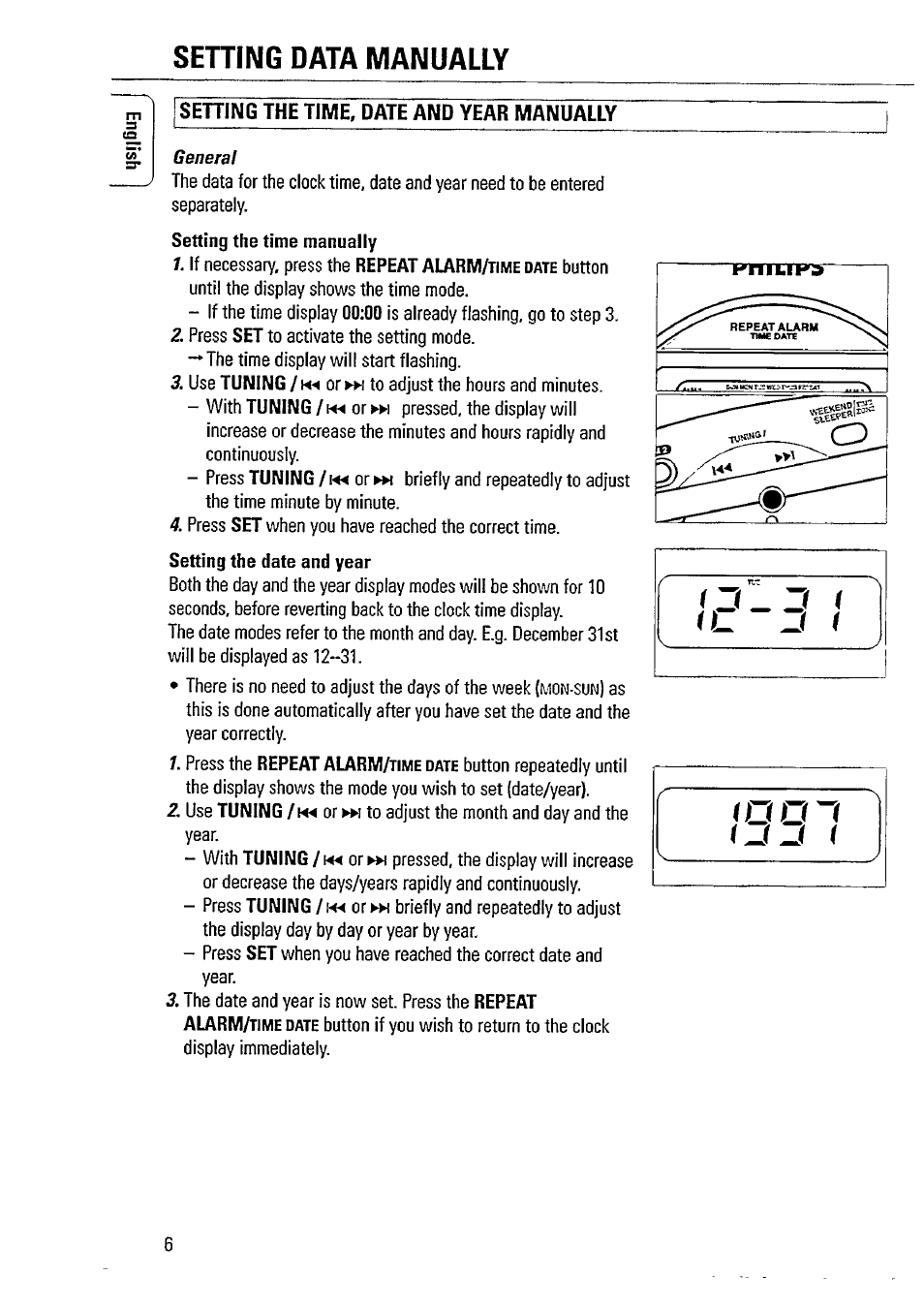 Sehing data manually, Sehing the time, date and year manually | Philips AJ3740 User Manual | Page 6 / 14