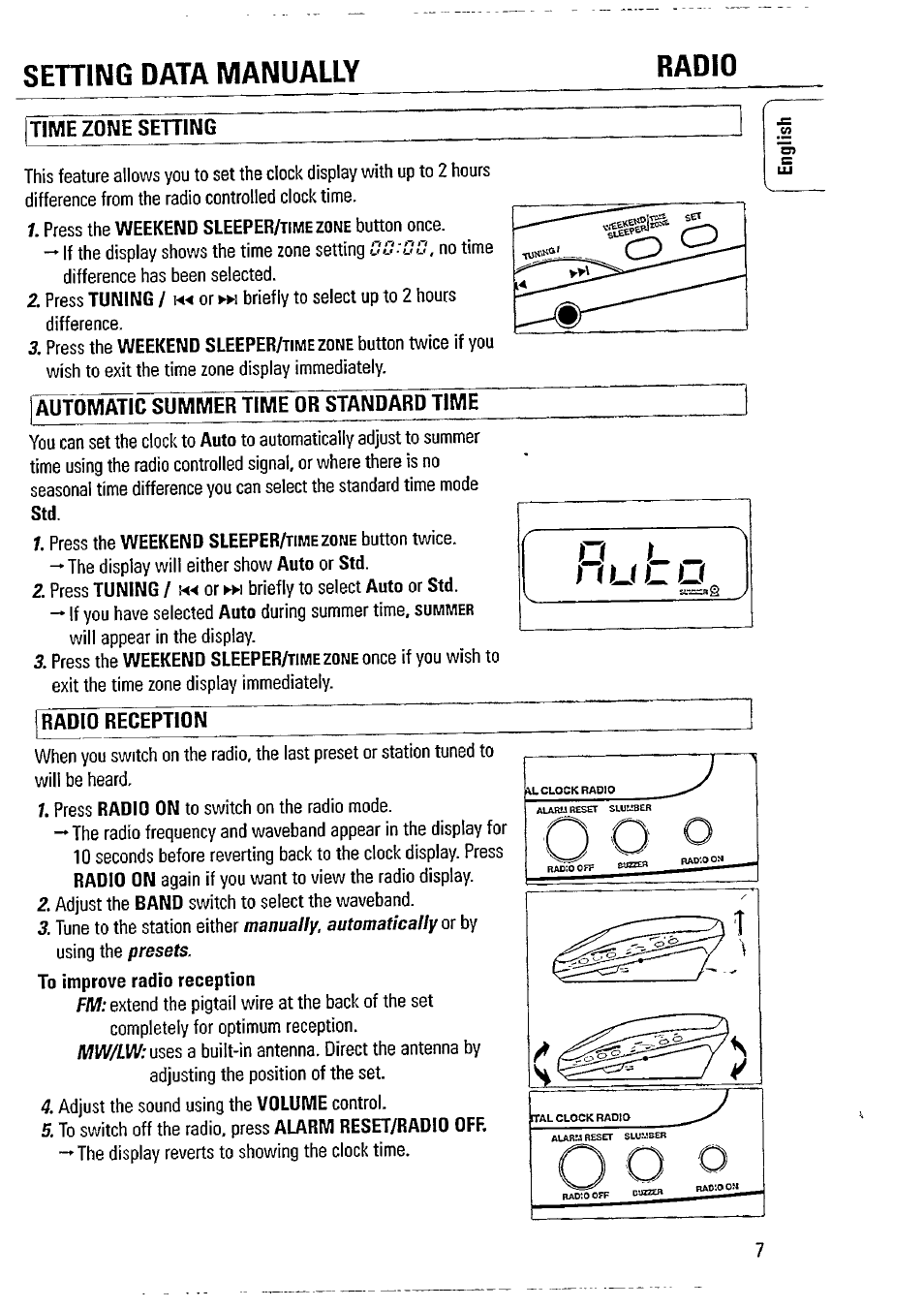 Time zone sehing, I automatic summer time or standard time, Radio reception | Sehing data manually radio | Philips AJ3740 User Manual | Page 7 / 14