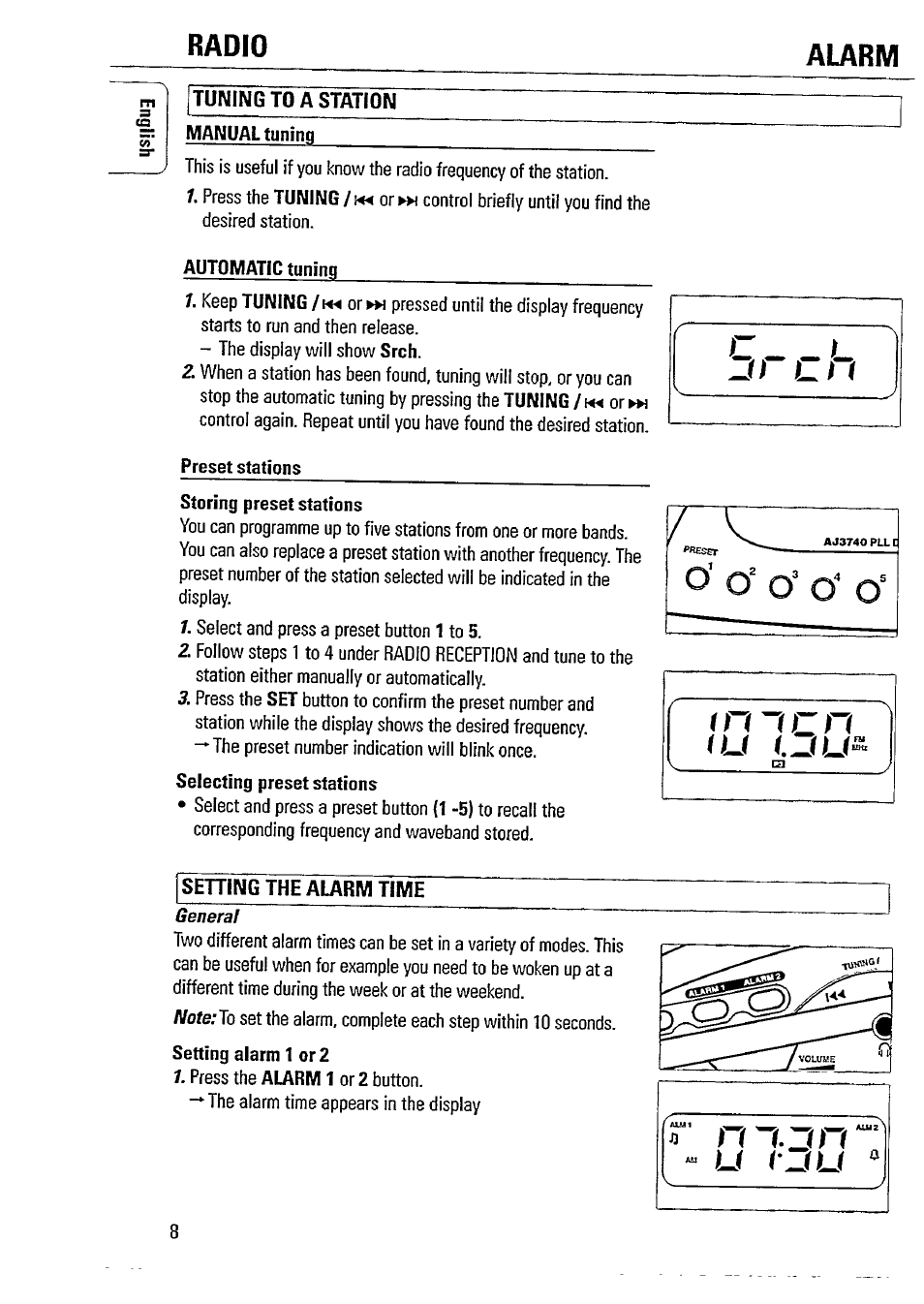 Radio, Alarm, Tuning to a station | Setting the alarm time, Radio alarm | Philips AJ3740 User Manual | Page 8 / 14