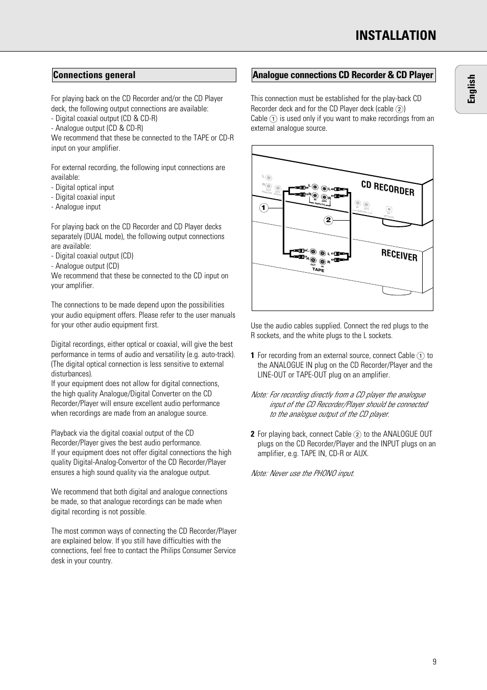 Installation, Receiver cd recorder | Philips 765 User Manual | Page 11 / 60