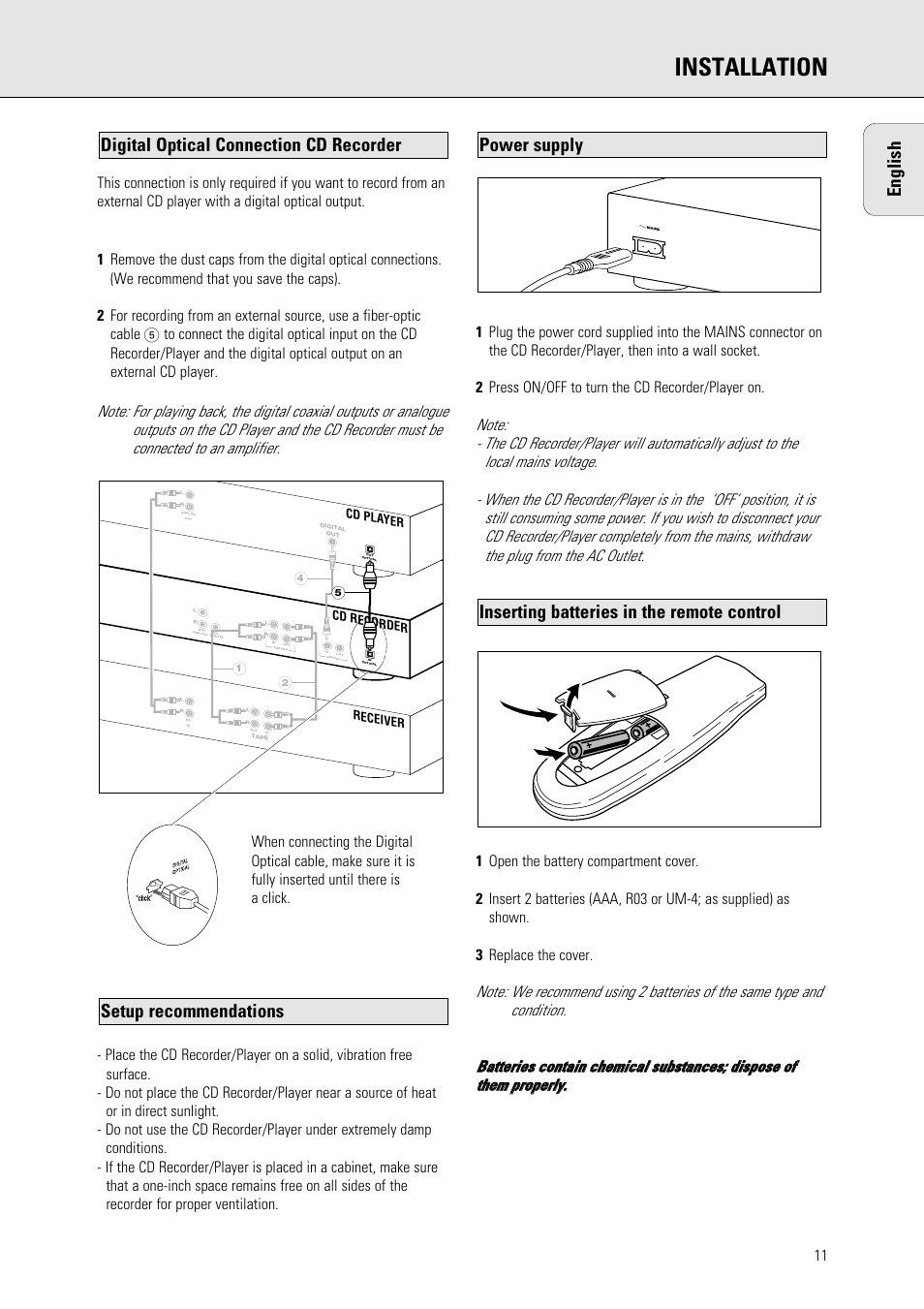 Installation, English, Digital optical connection cd recorder | Philips 765 User Manual | Page 13 / 60