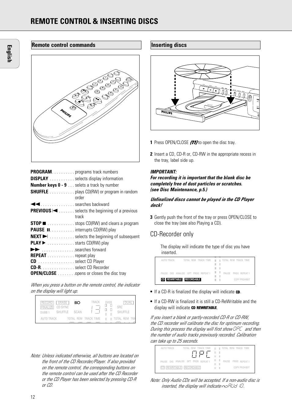 Remote control & inserting discs, Cd-recorder only, Inserting discs | Remote control commands english | Philips 765 User Manual | Page 14 / 60