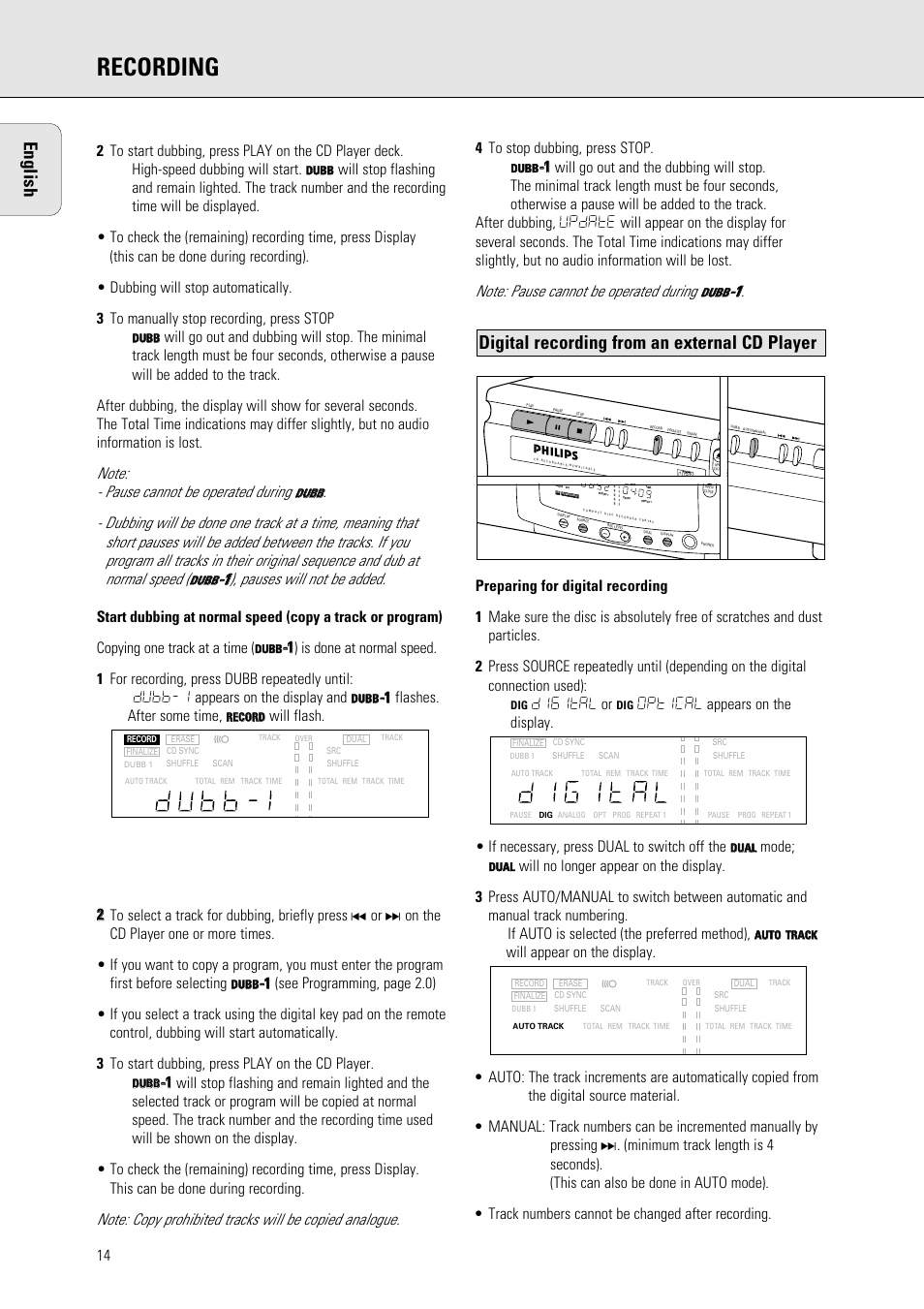 Recording, Digital recording from an external cd player, English | Flashes. after some time, Digital or, Mode | Philips 765 User Manual | Page 16 / 60