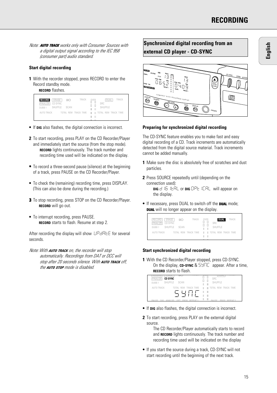 Recording, English, Flashes. • if | Will go out. • to interrupt recording, press pause, Off, the, Digital or, Mode, Sync appear. after a time, Starts to flash. • if | Philips 765 User Manual | Page 17 / 60