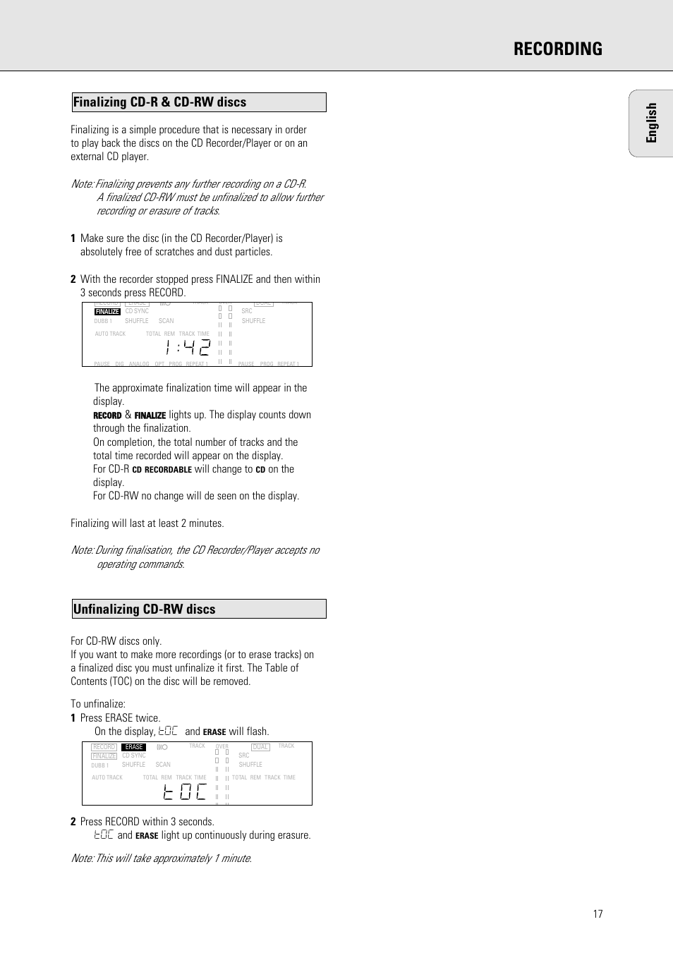 Recording, Unfinalizing cd-rw discs, Finalizing cd-r & cd-rw discs english | Will change to | Philips 765 User Manual | Page 19 / 60