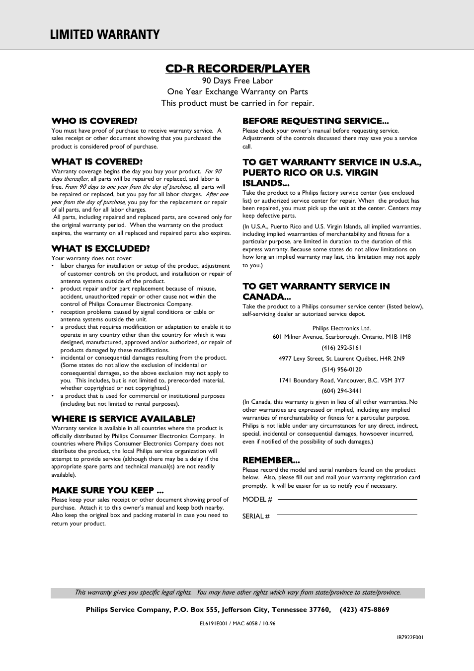 Limited warranty | Philips 765 User Manual | Page 2 / 60