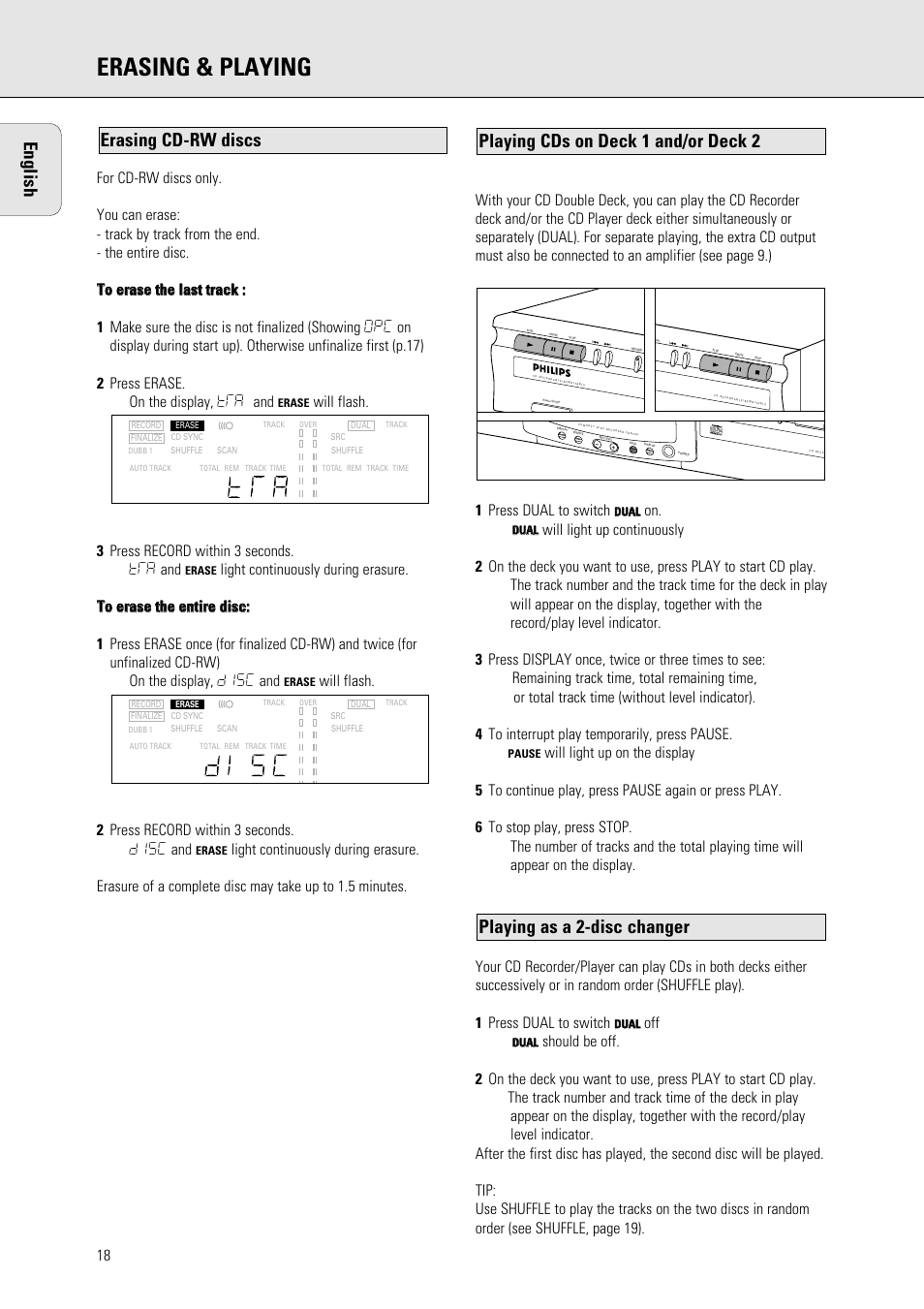 Erasing & playing, Playing as a 2-disc changer, Playing cds on deck 1 and/or deck 2 | Erasing cd-rw discs english | Philips 765 User Manual | Page 20 / 60