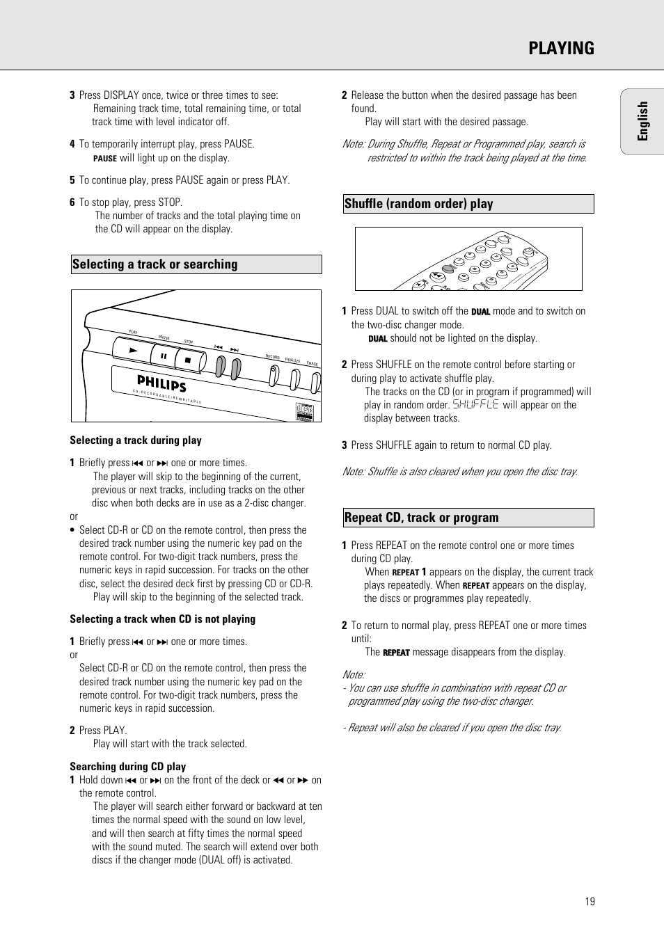 Playing, English, Repeat cd, track or program | Shuffle (random order) play, Selecting a track or searching, Mode and to switch on the two-disc changer mode | Philips 765 User Manual | Page 21 / 60