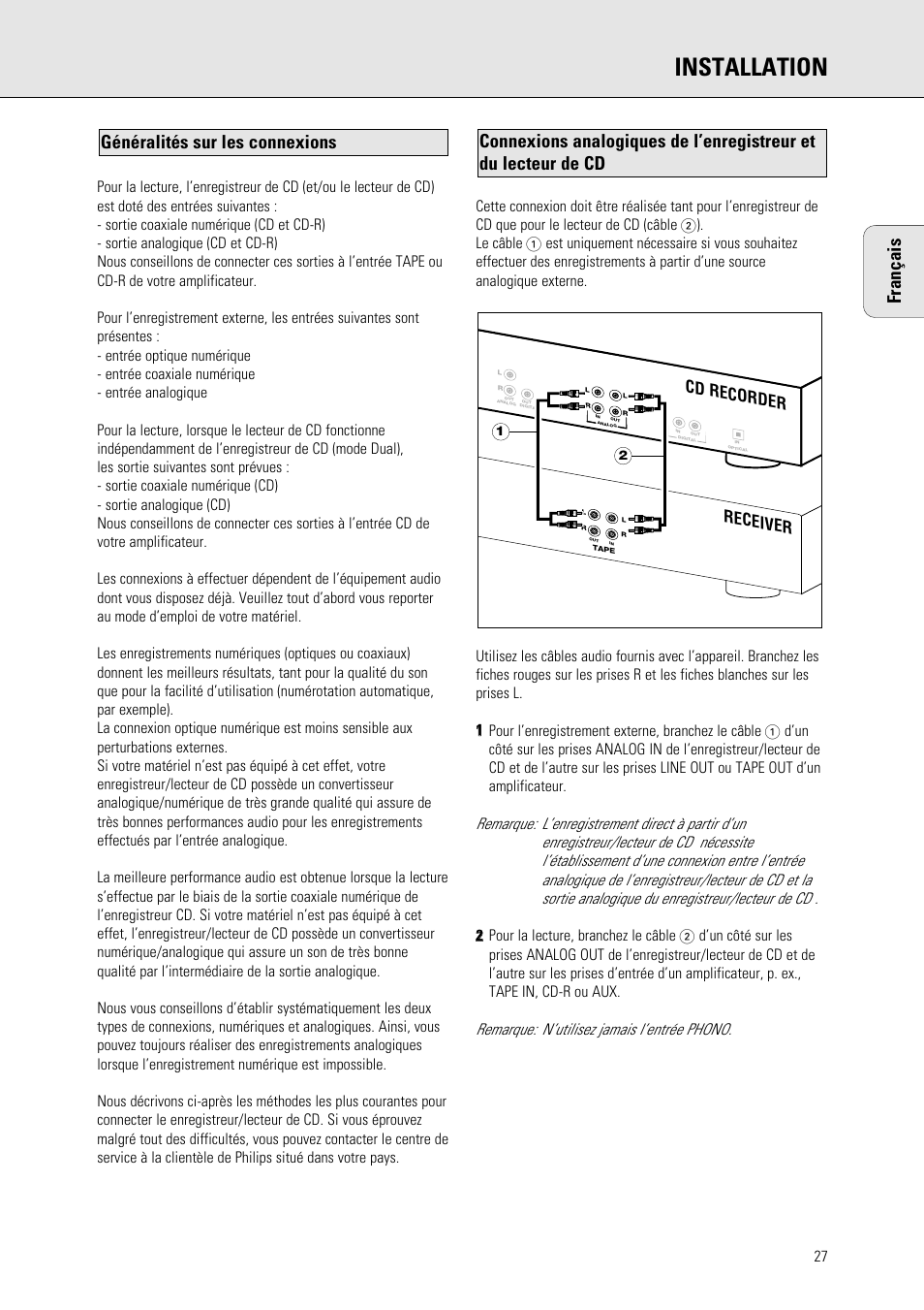 Installation, Français, Receiver cd recorder | Philips 765 User Manual | Page 29 / 60