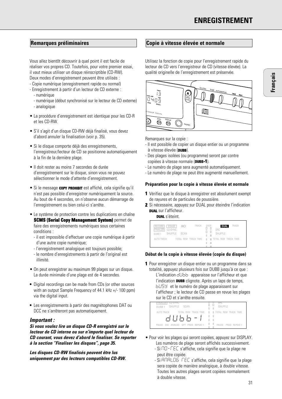 Enregistrement, Français, Important | Sur l’afficheur | Philips 765 User Manual | Page 33 / 60