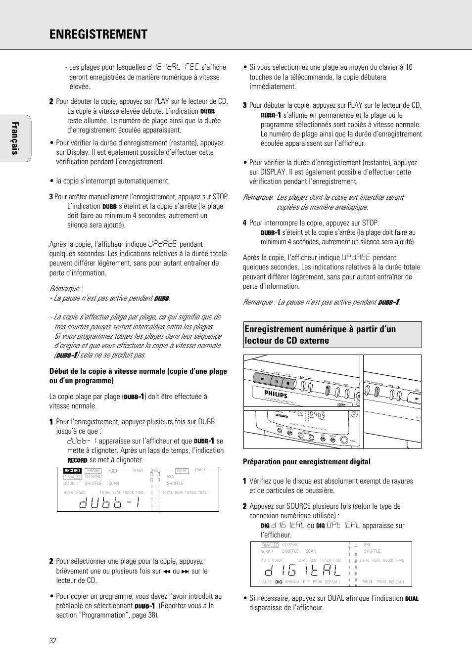 Enregistrement, Français, Digital ou | Disparaisse de l’afficheur | Philips 765 User Manual | Page 34 / 60