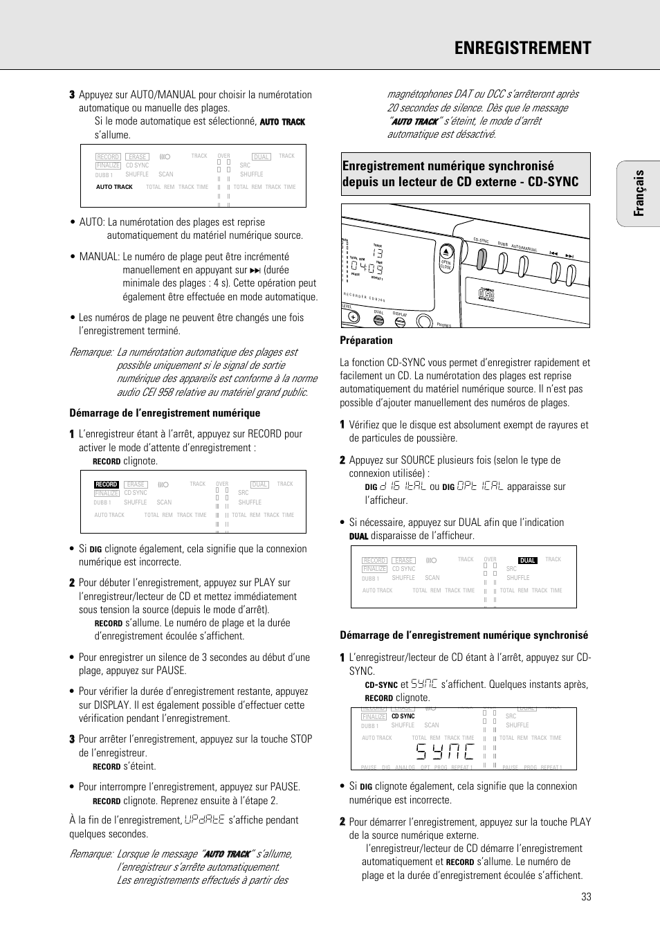 Enregistrement, Français, Digital ou | Et sync s’affichent. quelques instants après | Philips 765 User Manual | Page 35 / 60