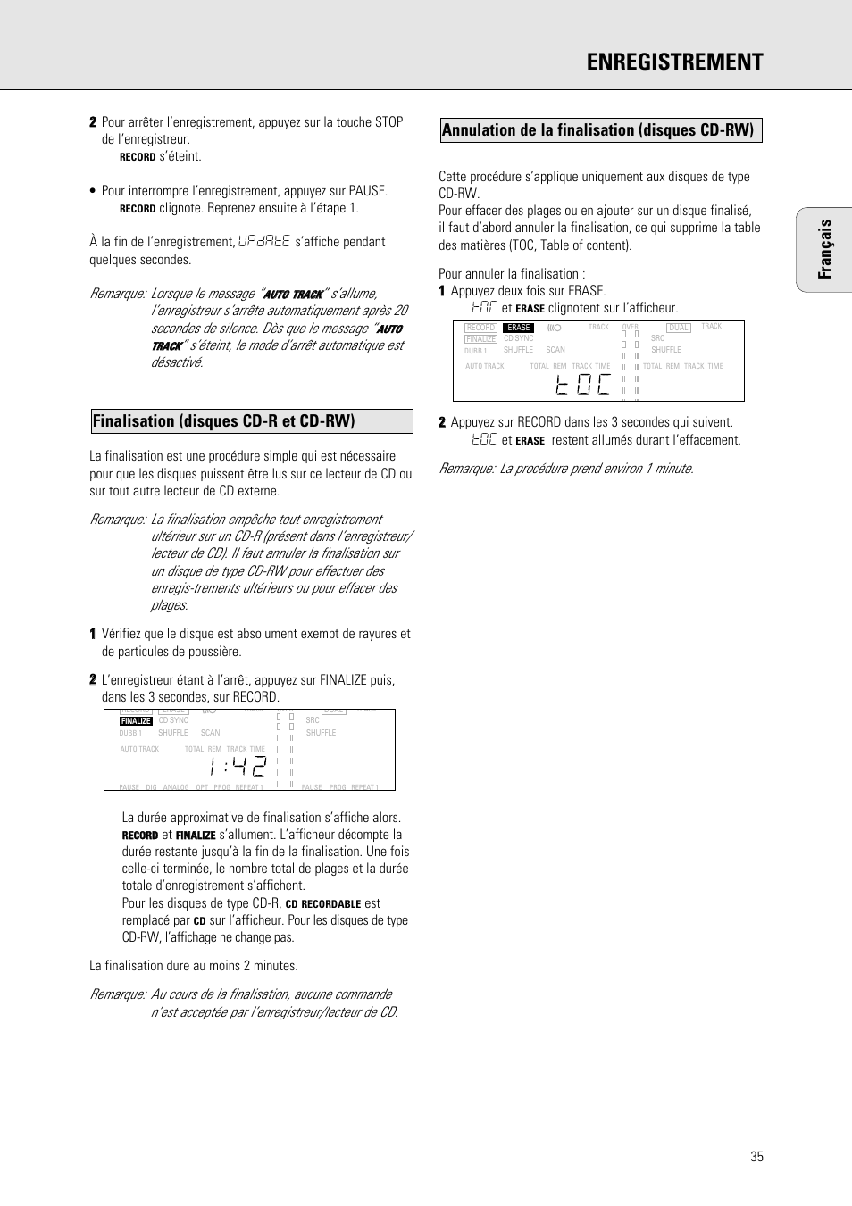 Enregistrement, Français, Annulation de la finalisation (disques cd-rw) | Finalisation (disques cd-r et cd-rw), Est remplacé par | Philips 765 User Manual | Page 37 / 60