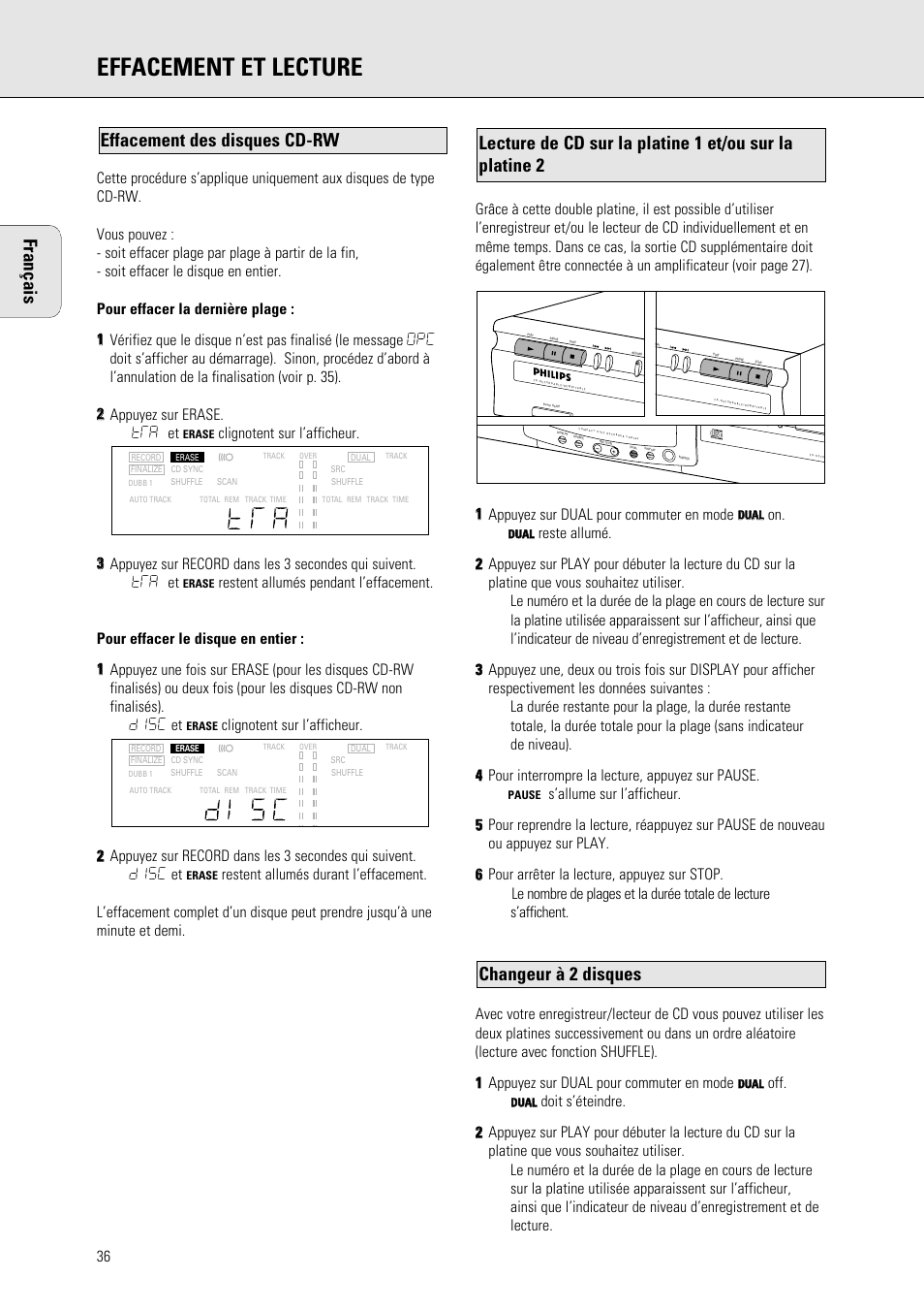 Effacement et lecture, Français, Changeur à 2 disques | Effacement des disques cd-rw | Philips 765 User Manual | Page 38 / 60