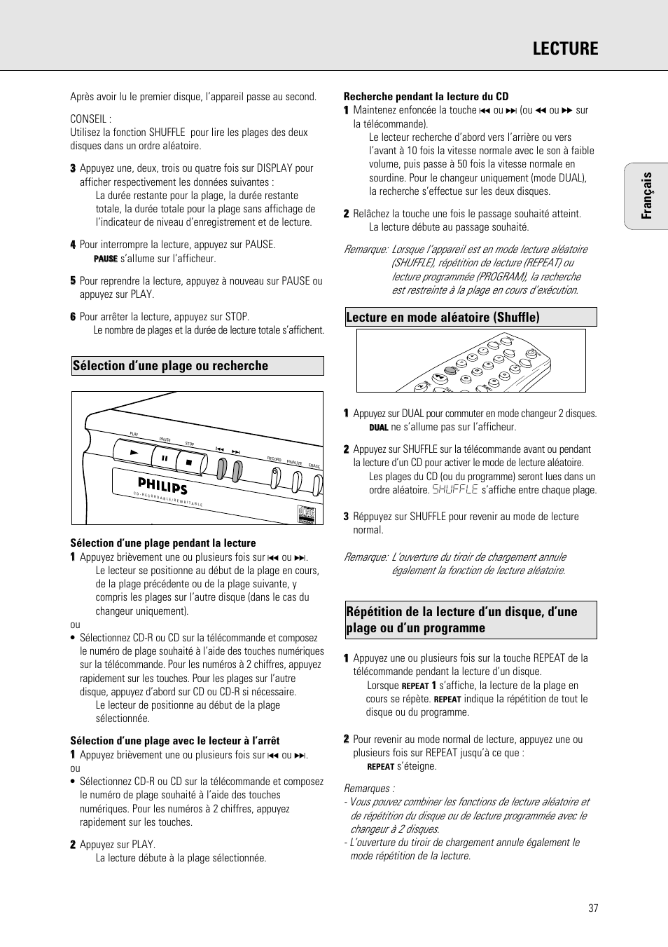 Lecture, Français, Lecture en mode aléatoire (shuffle) | Sélection d’une plage ou recherche | Philips 765 User Manual | Page 39 / 60