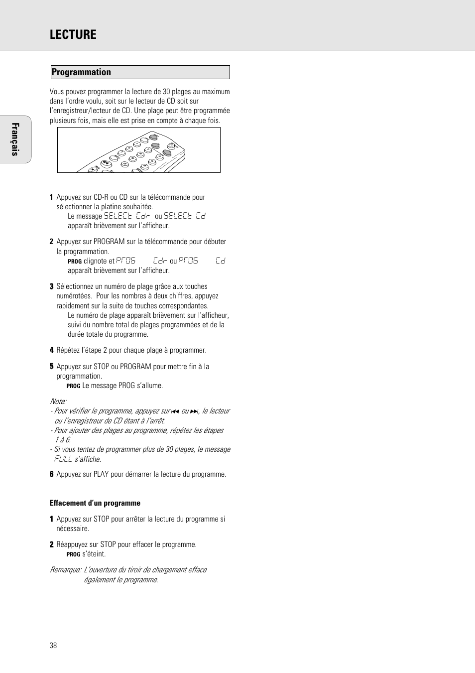 Lecture, Français, Programmation | Philips 765 User Manual | Page 40 / 60