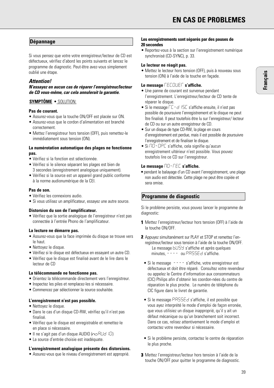 En cas de problemes | Philips 765 User Manual | Page 41 / 60