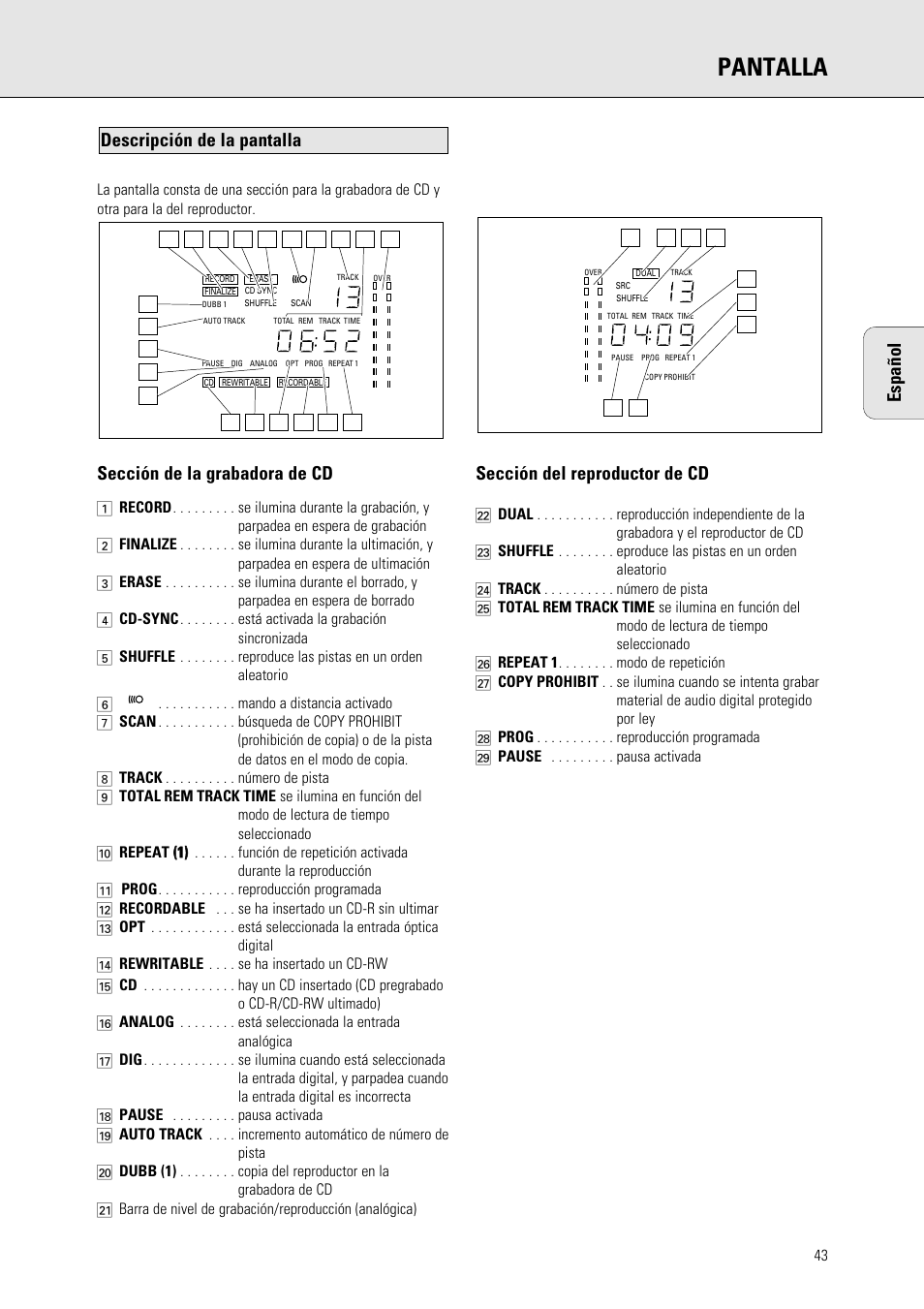 Pantalla, Español, Sección de la grabadora de cd | Sección del reproductor de cd, Descripción de la pantalla | Philips 765 User Manual | Page 45 / 60