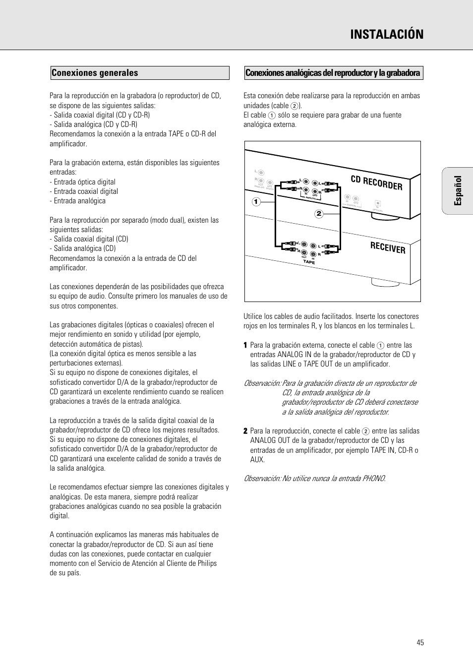 Instalación, Español, Receiver cd recorder | Philips 765 User Manual | Page 47 / 60