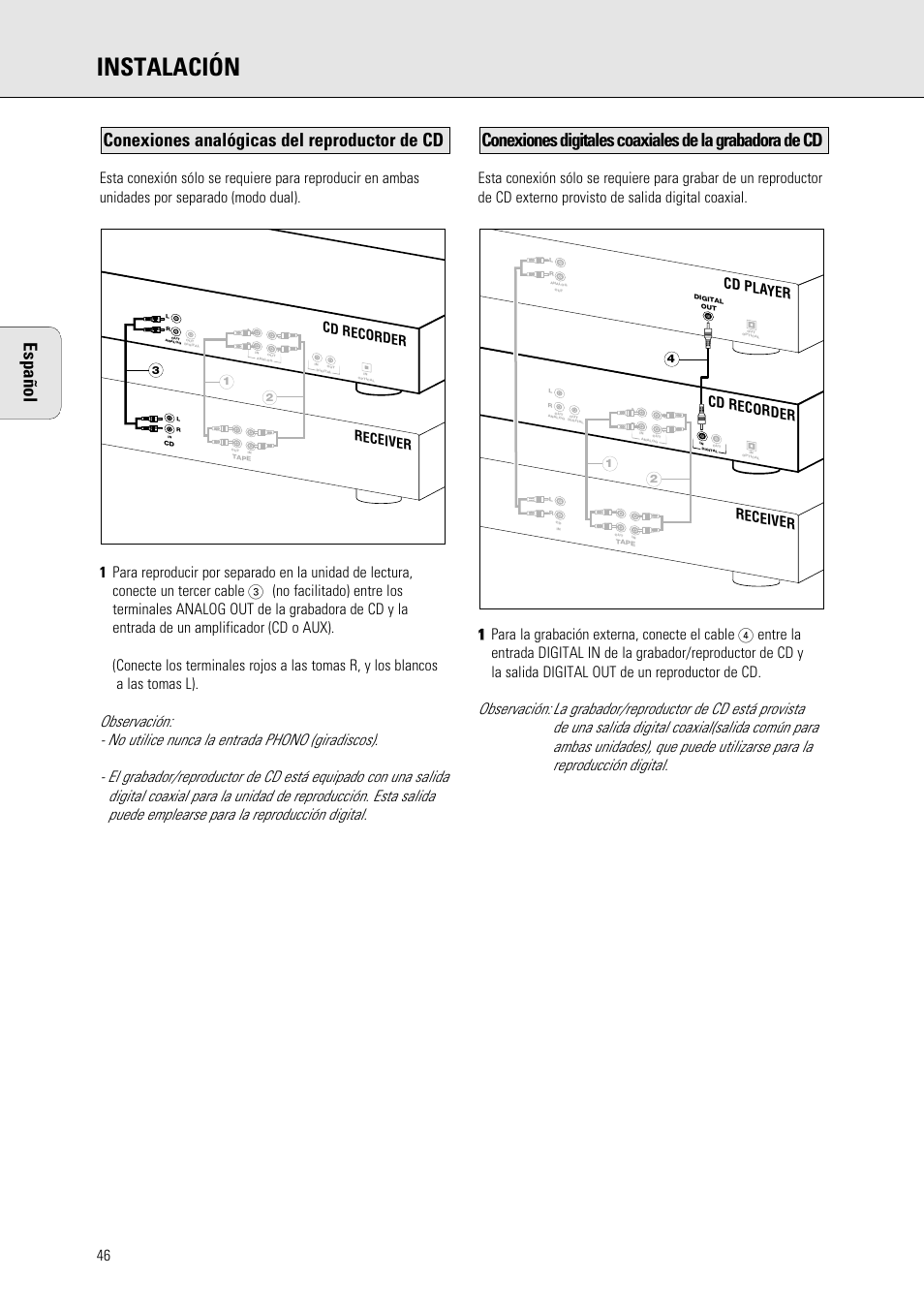 Instalación, Español, Conexiones analógicas del reproductor de cd | Receiver cd recorder cd pla yer, Receiver cd recorder | Philips 765 User Manual | Page 48 / 60