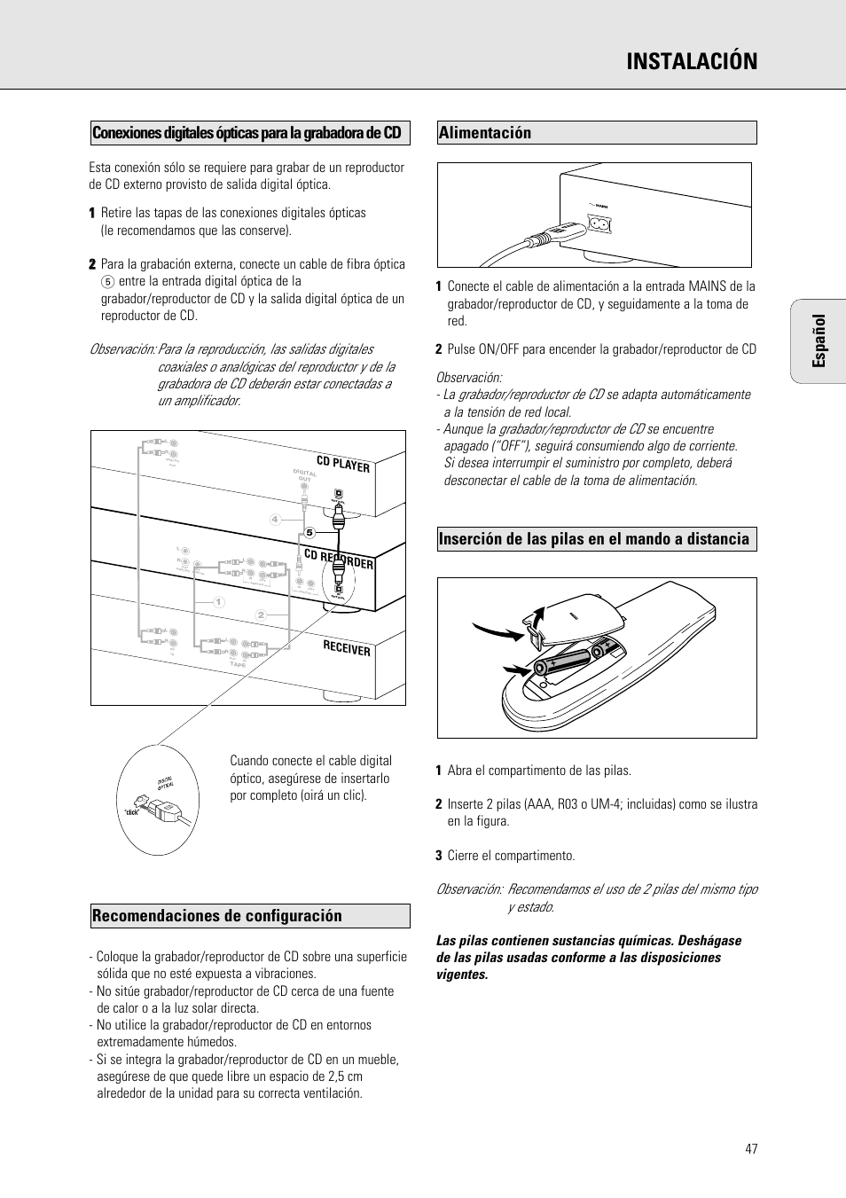 Instalación, Español | Philips 765 User Manual | Page 49 / 60