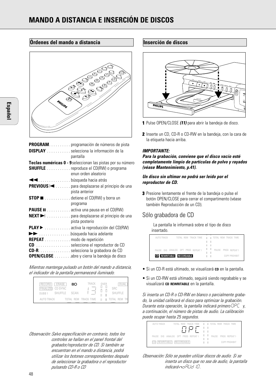 Mando a distancia e inserción de discos, Sólo grabadora de cd, Inserción de discos | Órdenes del mando a distancia español | Philips 765 User Manual | Page 50 / 60