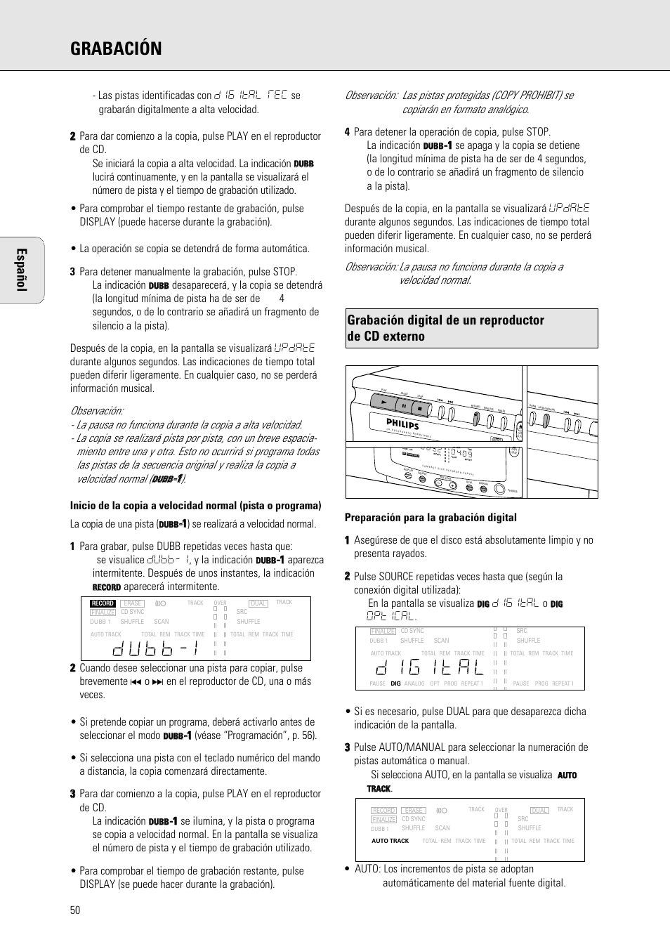 Grabación, Grabación digital de un reproductor de cd externo, Español | Digital o | Philips 765 User Manual | Page 52 / 60