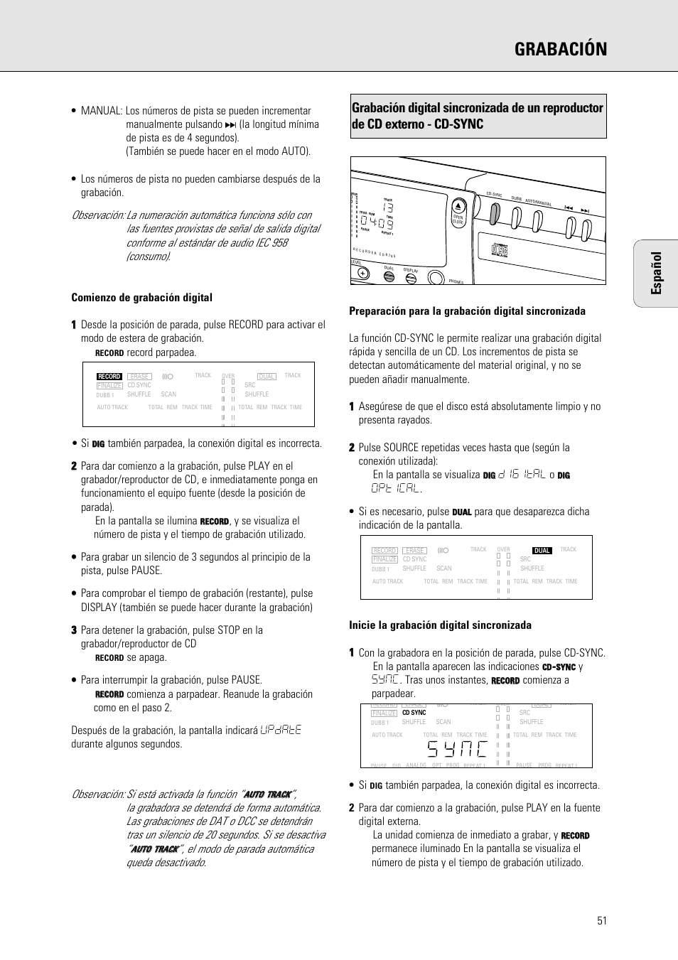 Grabación, Español, Record parpadea. • si | Digital o, Optical. • si es necesario, pulse, Ysync. tras unos instantes, Comienza a parpadear. • si | Philips 765 User Manual | Page 53 / 60